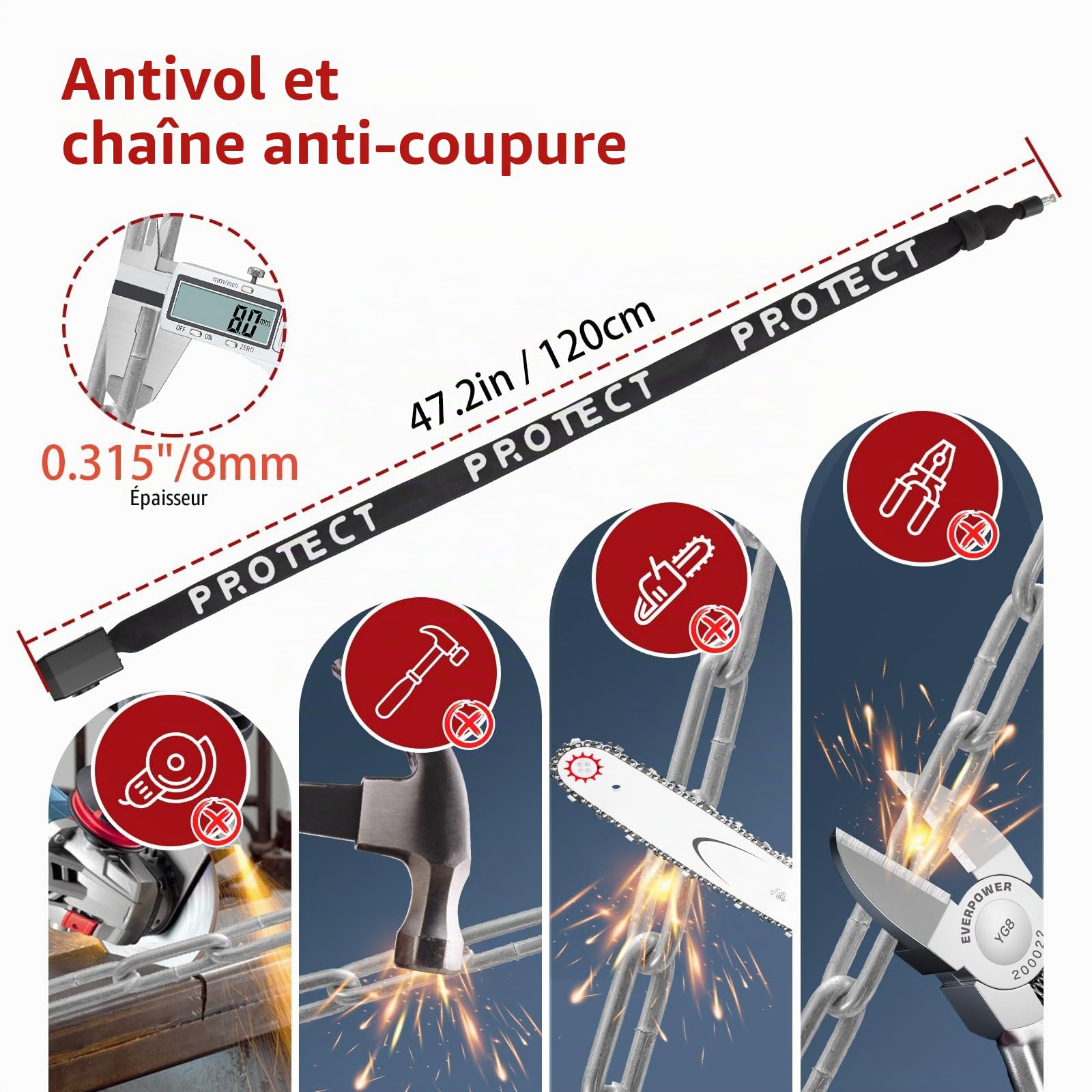 BANGTING 120CM Chaîne Antivol Vélo avec 110dB Alarme, Chaine Antivol Moto avec 3 Clés, Cadenas Velo pour Vélos, Motos, Trotinette Electrique, Portails (Noir)