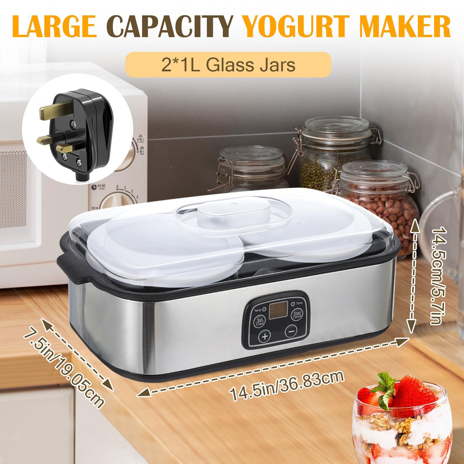 Yogurtera para Yogur Probiótico con Tiempo y Temperatura Ajustables | Incluye 2 recipientes de vidrio; máquina automática para yogur griego, ideal para preparar yogur casero saludable y postres.