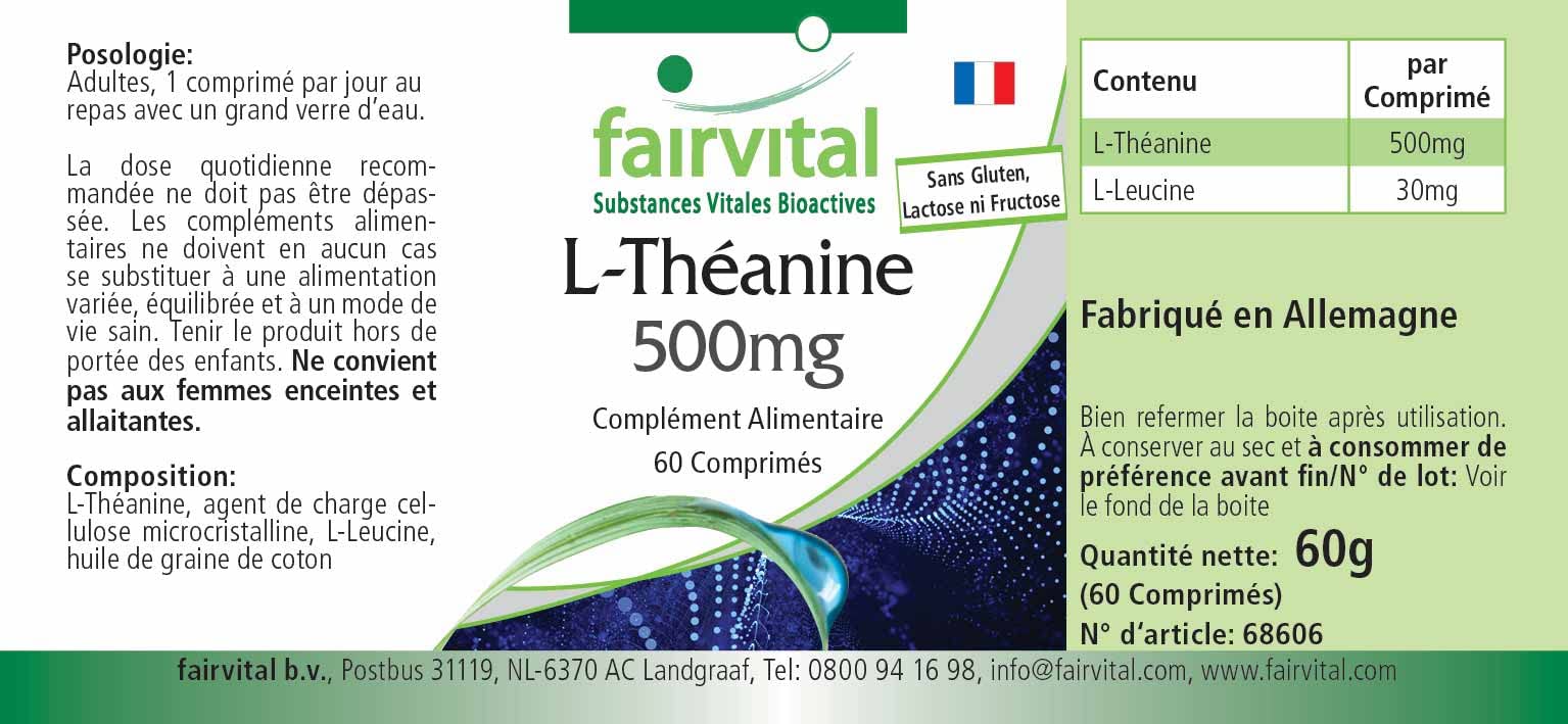 fairvital L-teanina 500 mg, 60 compresse, ALTO DOSAGGIO, VEGANO, aminoacido, facile da deglutire