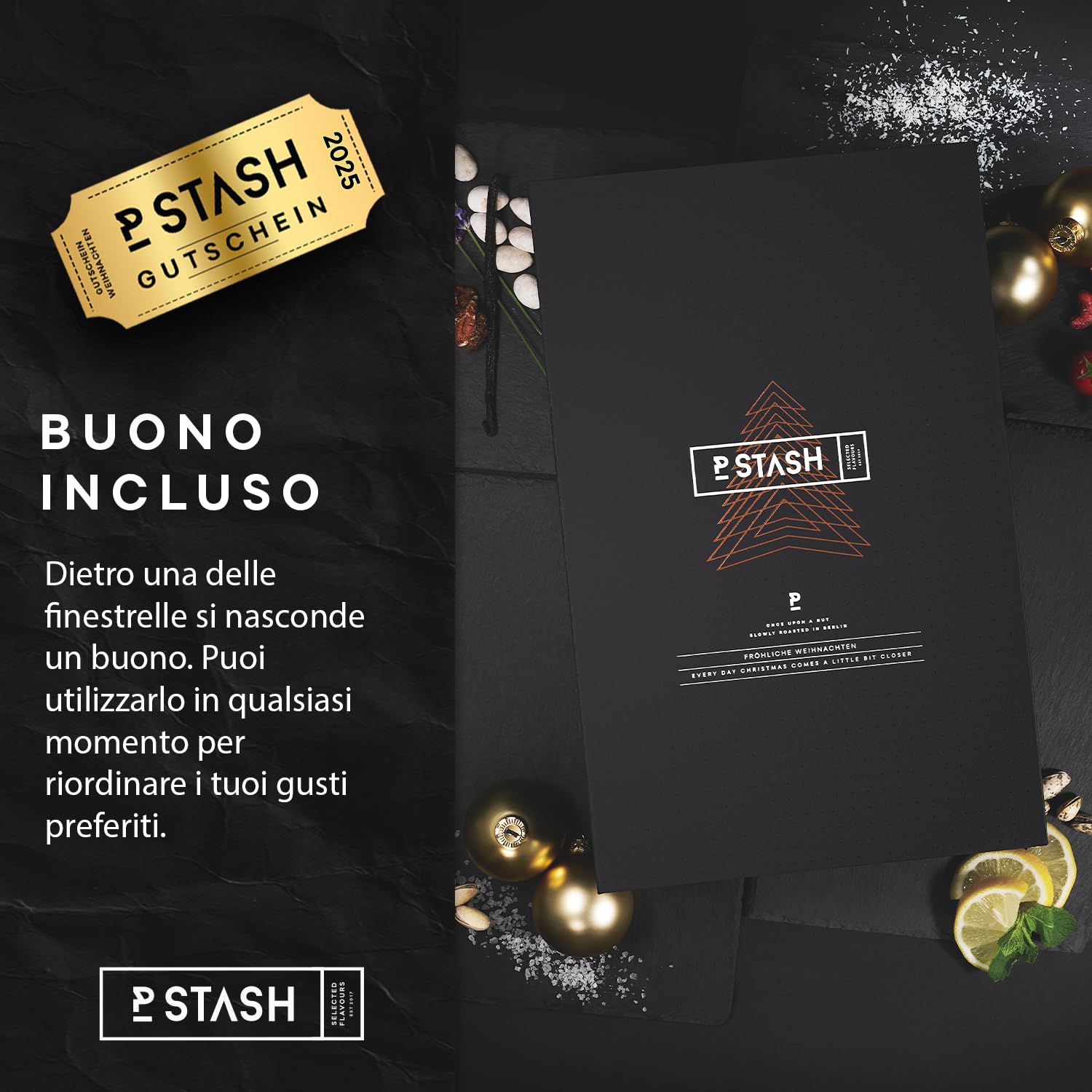 Calendario dell'Avvento P-Stash 2025 - Calendario di Natale con frutta secca e cioccolato - Pistacchi, mandorle, nocciole, arachidi e molto altro ancora. - Miscela di frutta secca con spezie uniche