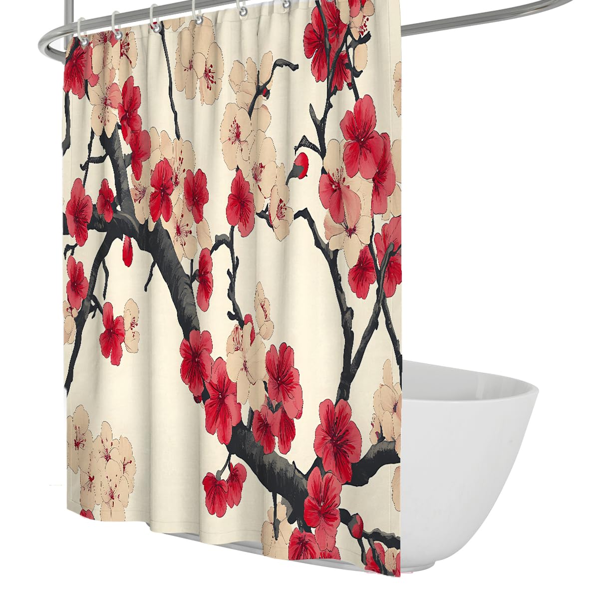 UIRINGART Elegant Japanese Ukiyo Flower Shower Curtain W120xL180cm Retro Red Plum Blossom Mildew Resistant Water Repellent Shower Screen With Hooks