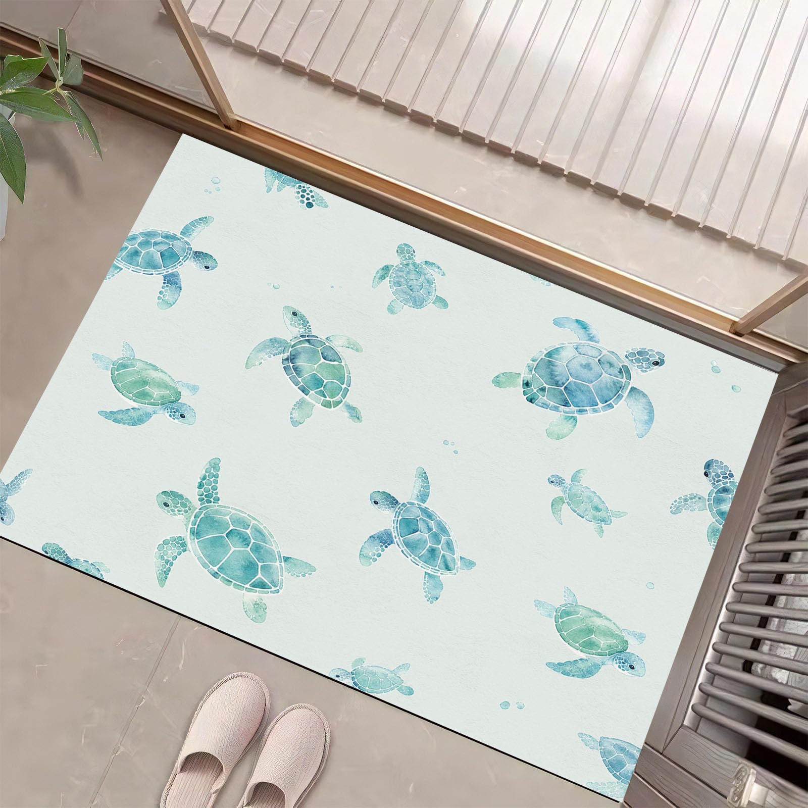 Felpudo Entrada Casa Tortuga Marina 80x120cm | Alfombra de Puerta Estilo De Vida Marina En Acuarela, Felpudo de Bienvenida, Antideslizante, Alfombra Decorativa de Perfil bajo para Pasillo y Sala