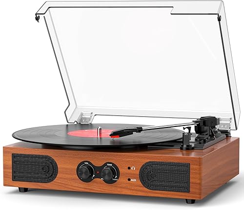Miniatura 19 de Tocadiscos de vinilo con altavoces integrados de 3 velocidades, tocadiscos vintage con control de agudos y graves, conector de auriculares de 3.5mm,