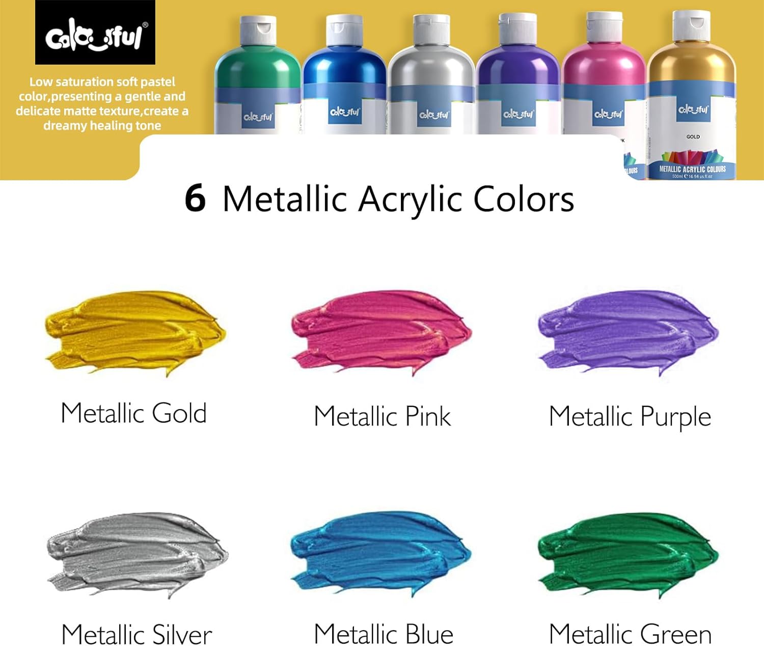 Colorful Artist Metallic Acrylic Paint Set, 6 Pack 16.67oz each Art Paint, Non Toxic, Non Fading Paints for Art Painting, Handcrafts, Ideal for Multi-surface