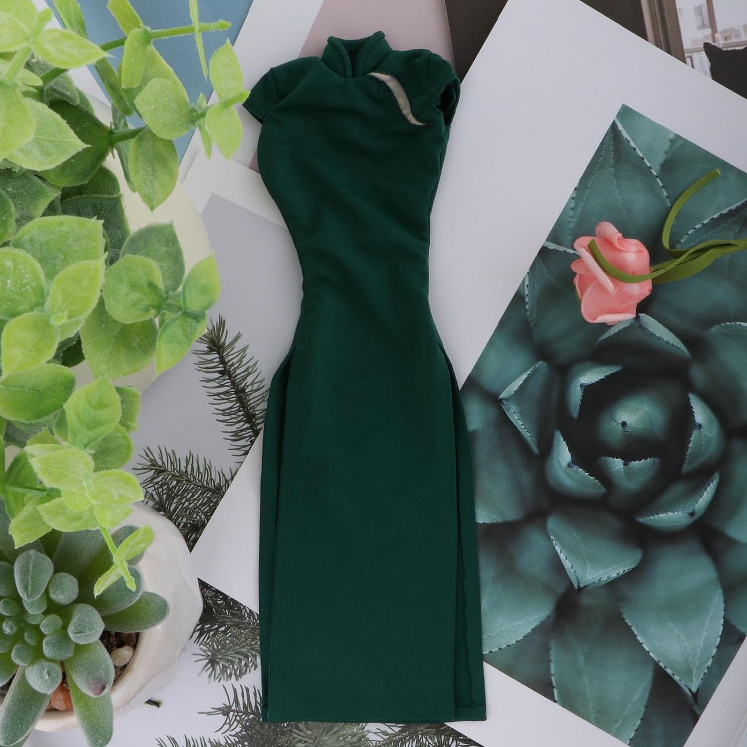 Cheongsam Dress Figures Clothing 1/6 Action Figure Doll Outfit Headband Sleeves Collar Suit Female Accessories Cloth Material Suitable for Dolls, Green