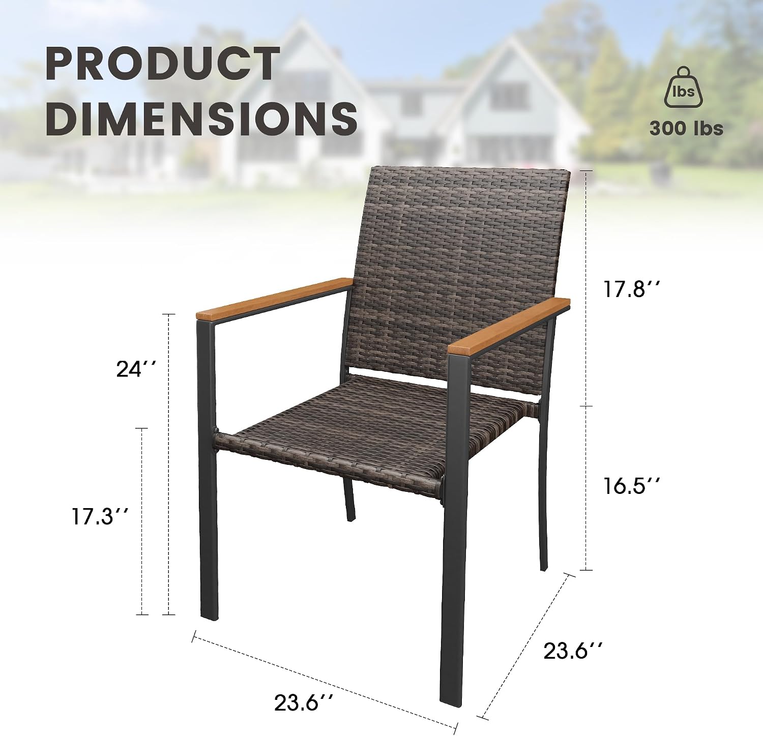 Outdoor Stackable Dining Chairs Set of 2, Wicker Patio Chairs with Armrests & Metal Frame for Backyard Porch Lawn, Walnut