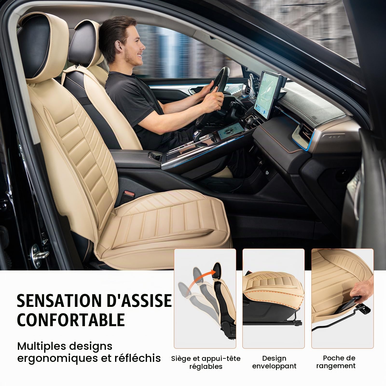 VEVOR Housses de siège de voiture universelles pour sièges avant, 2 pcs, housse de siège en simili-cuir, conception entièrement fermée, appuie-tête détachable, airbag, pour voitures SUV camions, beige