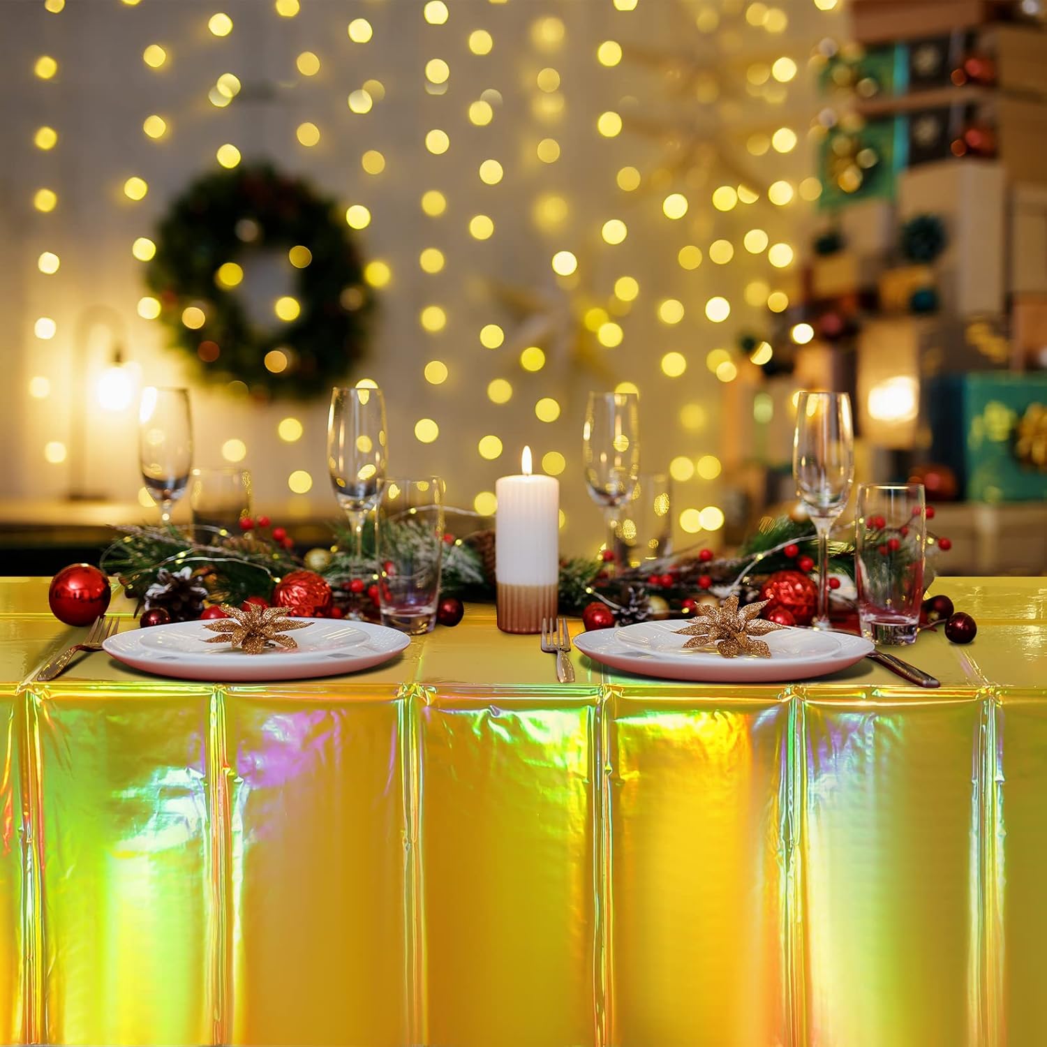 4 Pack Gold Iridescent Plastic Tablecloths Shiny Disposable Laser Rectangle Table Covers Holographic Foil Tablecloth Iridescent Party Decorations Birthday Bridal Wedding Christmas, 54 x 108 Inch - Image 7