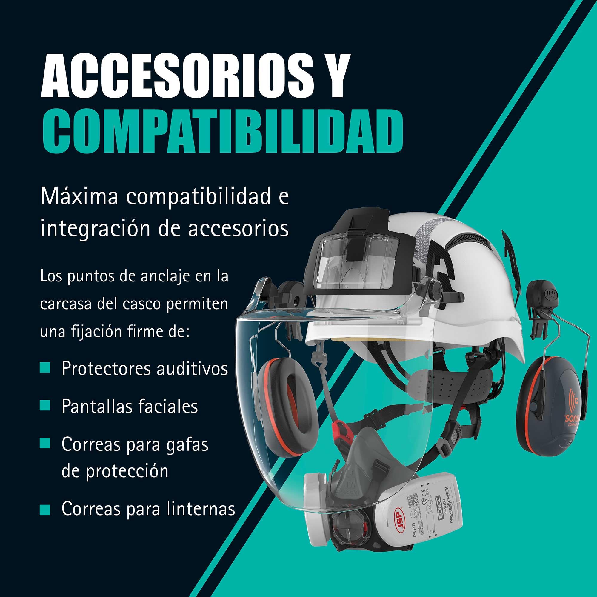 JSP EVO Alta DualSwitch Casco Premium ABS Obra y Altura, Blanco | Alterna entre protección EN 397 industrial y EN 12492 de altura. Carcasa ABS. EN 50365 certificado.
