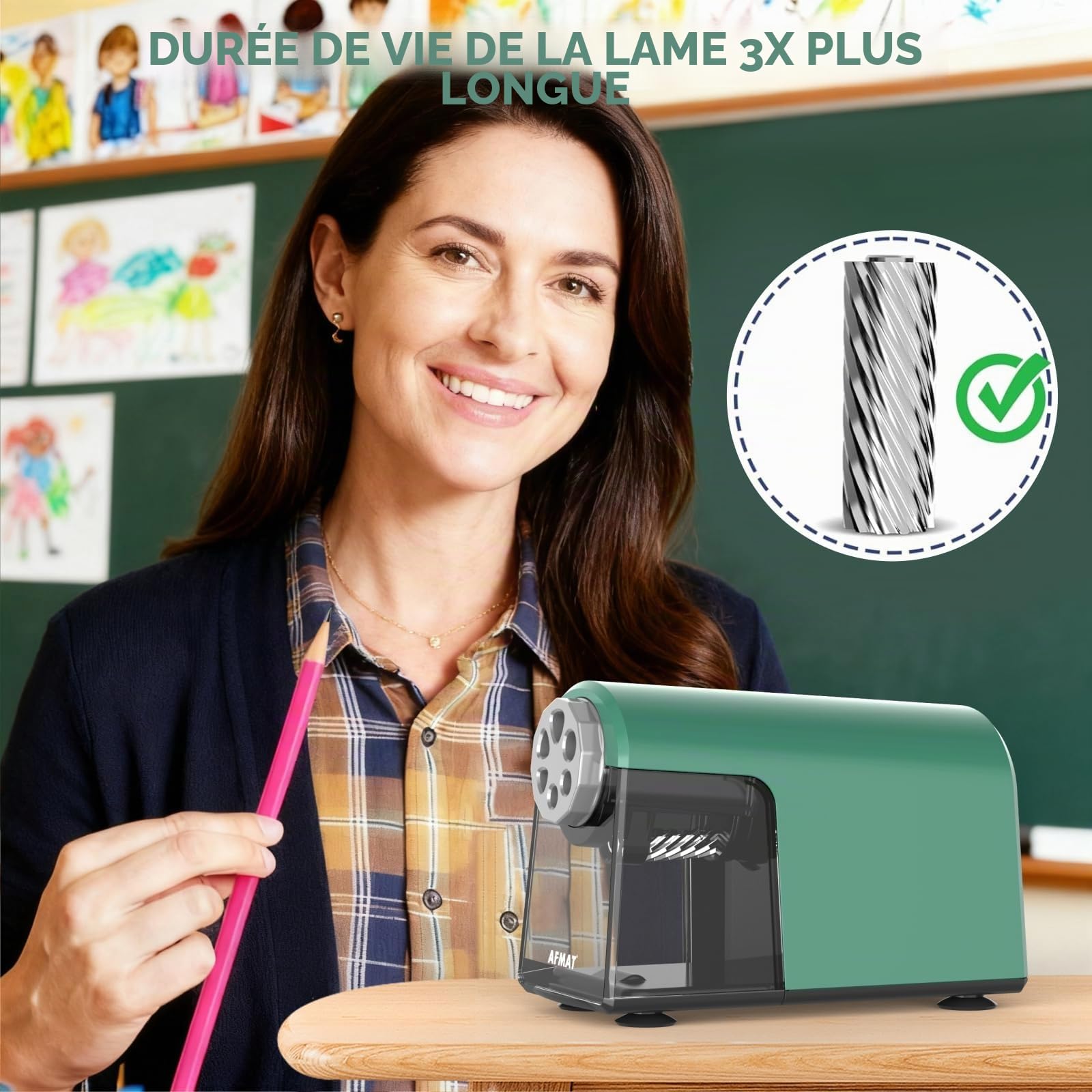 AFMAT Taille-crayon automatique avec boîte, 6 trous, arrêt automatique, rechargeable, pour grand crayon de 6 à 11 mm, pointe pointue, pour enfants, artistes et enseignants, vert, PSD2