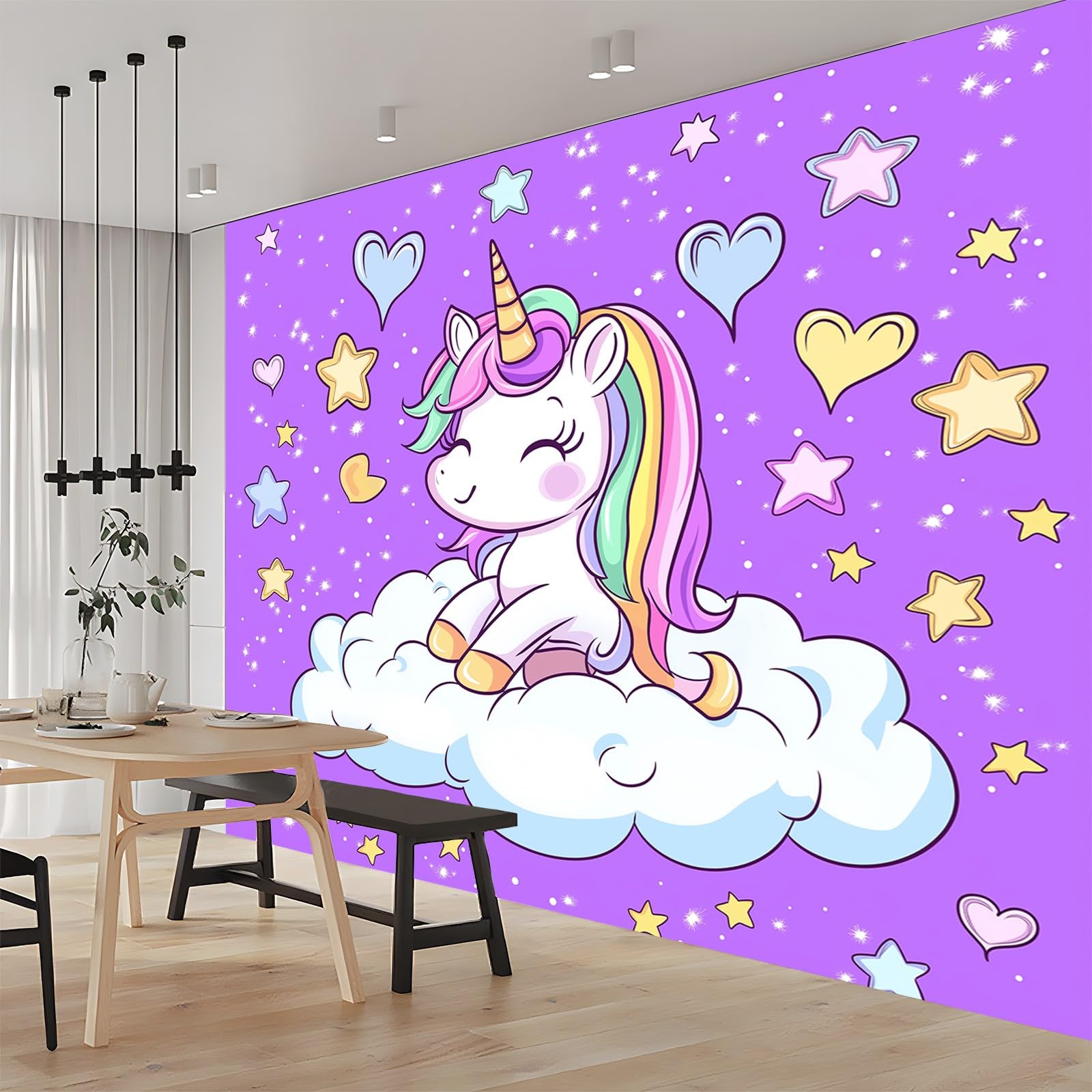 Panoramiczna tapeta fantazyjna jednorożec chmury fioletowy różowy 200 x 140 cm (szer. x wys.), dekoracja ścienna do sypialni salonu nowoczesny design do salonu dekoracja pokoju dziecięcego dla