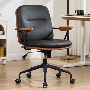 Mid Century Modern Home Office Desk Chair, Ergonomic Computer Chair with Wood Armrests and Backrest, Adjustable Height Rolling Swivel Executive Tas, Brown Leather