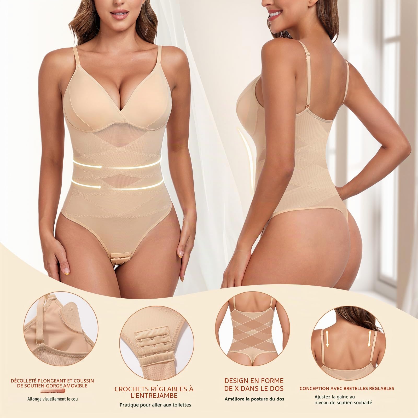 Tuopuda Body Gainant Femme Ventre Plat Sculptant Bodysuit Shaper avec Soutien-Gorge String Minceur Shapewear Gaine Amincissante Lingerie Camisole Top Chic Élégant