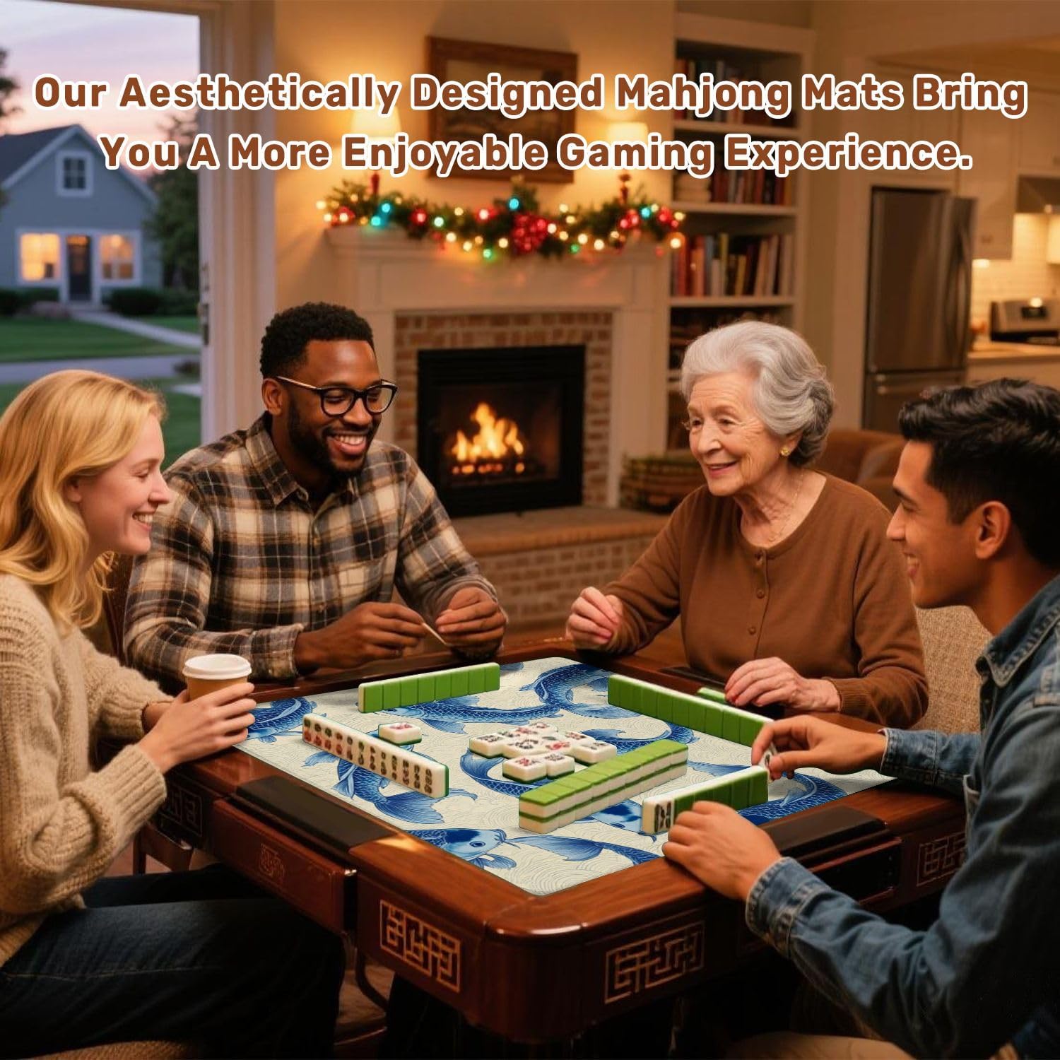 Chinoiserie Mahjong Mat with Carrying Bag 31.5" x 31.5" Blue Fish Elegant Wave Non-Slip Noise Reduction Table Mat for Mahjong Poker Dominoes Card Games