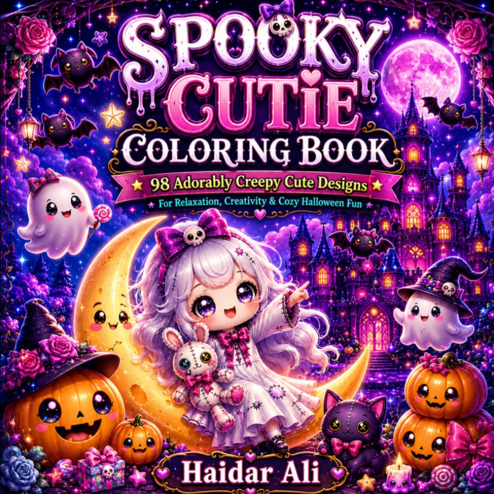Spooky Cutie Coloring Book: 98 Adorably Creepy Cute Designs for Stress Relief and Relaxation, Cozy Gothic Kawaii Coloring for Adults and Teens, Bold and Easy Horror Illustrations, Single-Sided Pages.