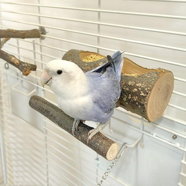 Foto 2 de 8 de CYILPR Comedero para pájaros, soporte para loros con 2 cuencos de madera natural para pájaros pequeños