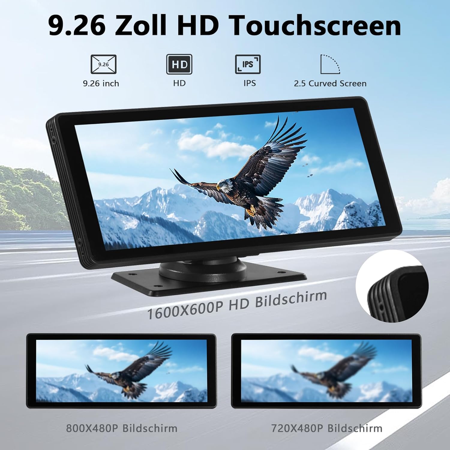 Close-up of the 9.26 inch HD touchscreen with IPS and 2.5D curved screen features.