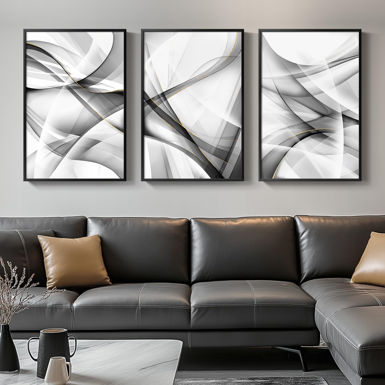 Large Framed Black and White Gold Abstract Lines Wall Art for Living Room, Set of 3 Piece Canvas Paintings Artwork for Walls, Modern Minimalist Lines Art Prints Pictures for Hallway Office Wall Decor 24x36 In