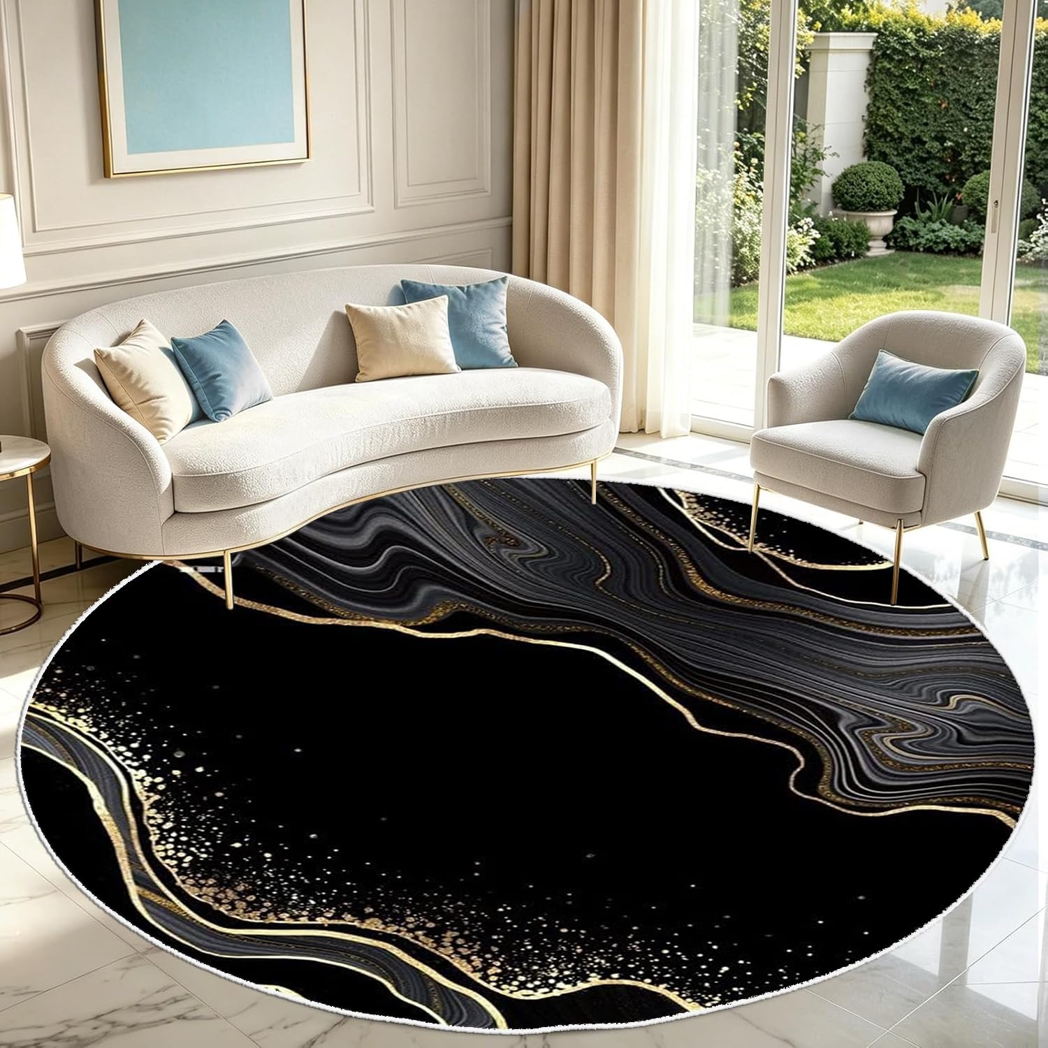 PDENZG Black Marble Round Rug,180cm,Luxury Fluid Art Black and Gold Area Rugs, Washable Non-Slip Abstract Modern Round Rug, for Bedroom Living Room Dining Room Bedside Office Circle Marble Carpet