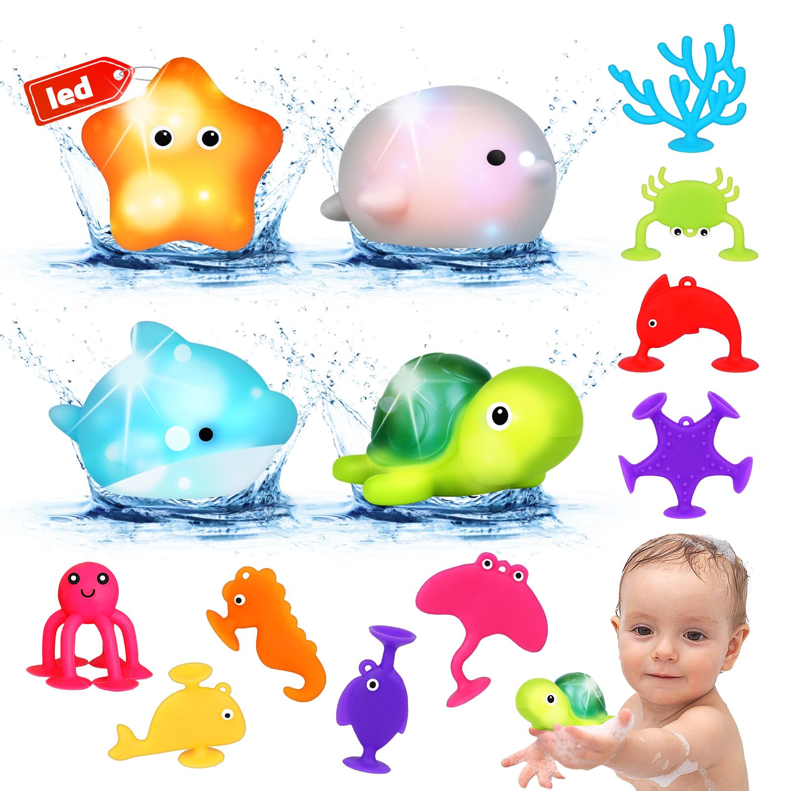 13 piezas de juguetes de ventosa, juguetes de baño en forma de animales con luz, juguetes de baño LED, juguetes de viaje, juguetes de silicona para niños de 1 a 8 años, tanto para niños como para niña