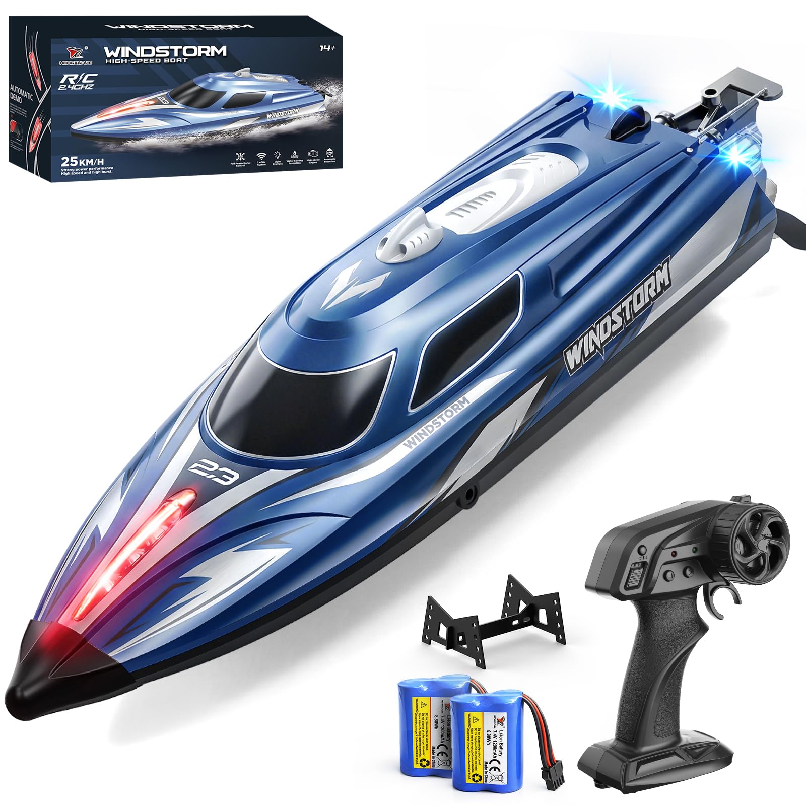 YESHIN Bateau Radiocommandé 25 km/h, 2,4 GHz avec lumières LED, 2 Piles, étanche et Anti-chavenir, Distance de Fonctionnement de 150 m, Convient pour Piscine et Lacs, Cadeau pour Enfants de 8 Ans et