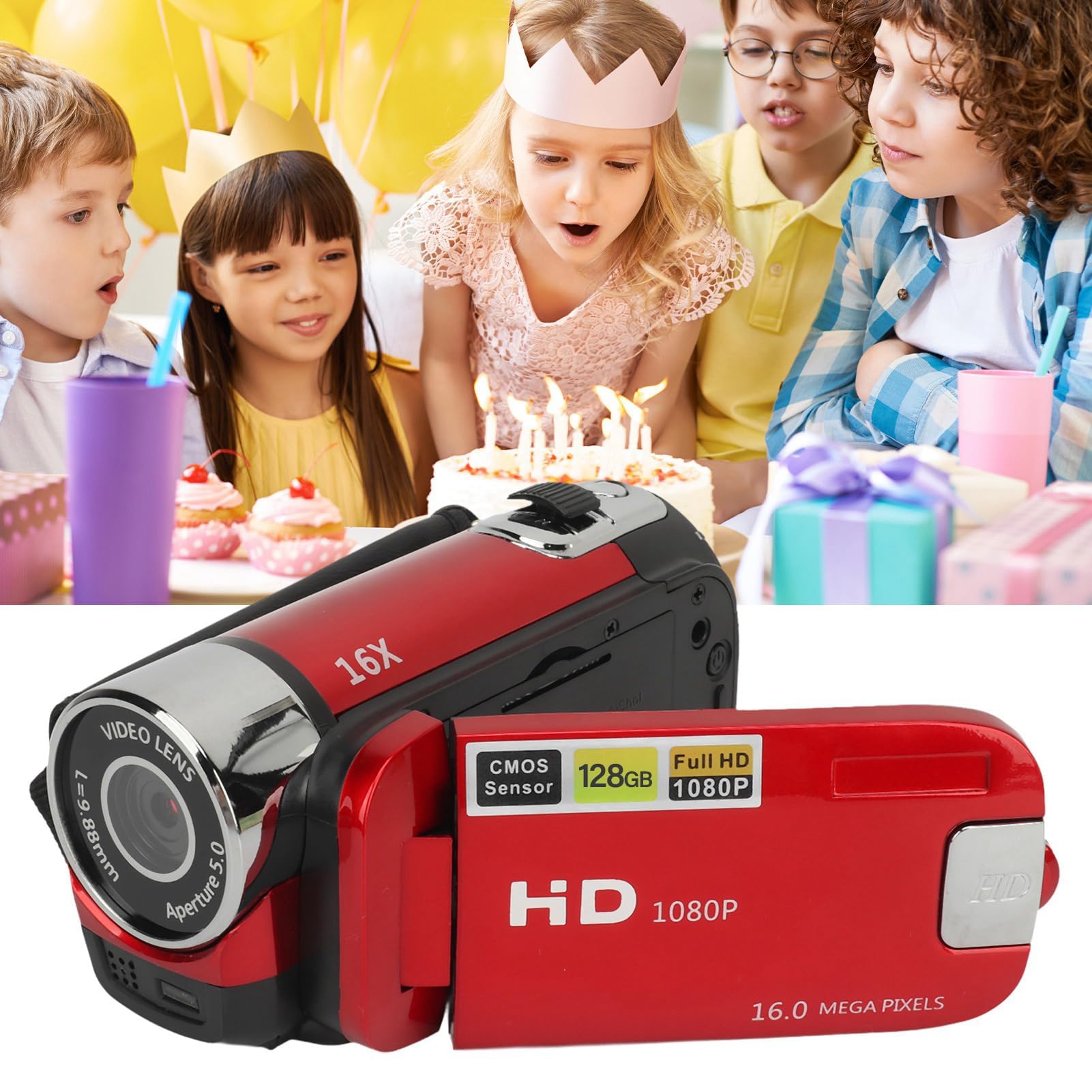 Appareil Photo Numérique HD 1080P, Caméscope Vidéo Vlogging Zoom 16X avec écran Rotatif de 2,4 Pouces pour la Photographie, Appareil Photo Selfie Portable 16MP avec Lumière de