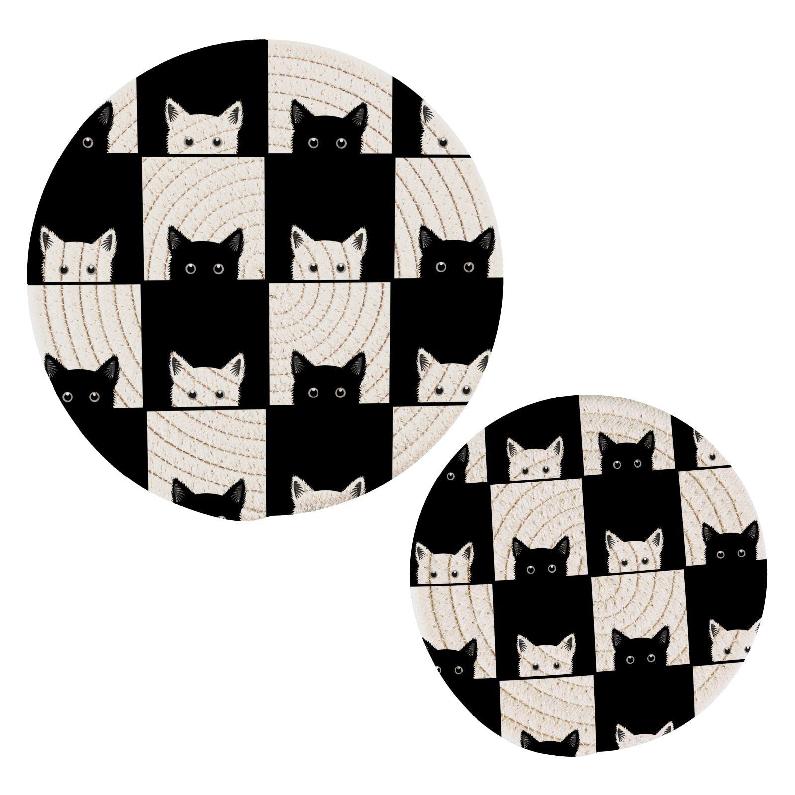 Black White Cat Trivets for Hot Pots Dishes Heat Resistant, Chess Board Kittens Pans Hot Mats Pads for Kitchen Decorative Counter Tops Dining Washable Pot Holder Coasters Set