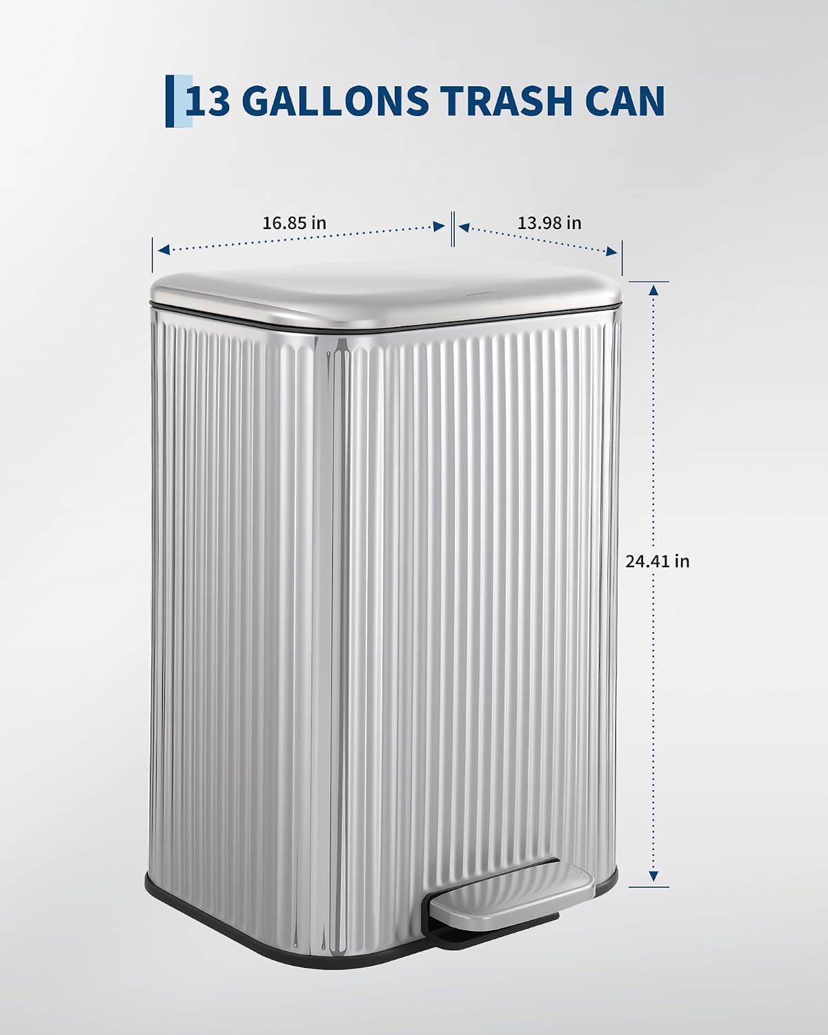 Fingerprint-Proof Step Trash Can – 50L Stainless Steel Kitchen Recycling Bin – Soft-Close Lid, Removable Fluted Bucket, Rectangular, for Home, Office, Indoor – 42.8×35.5×62cm, Silver