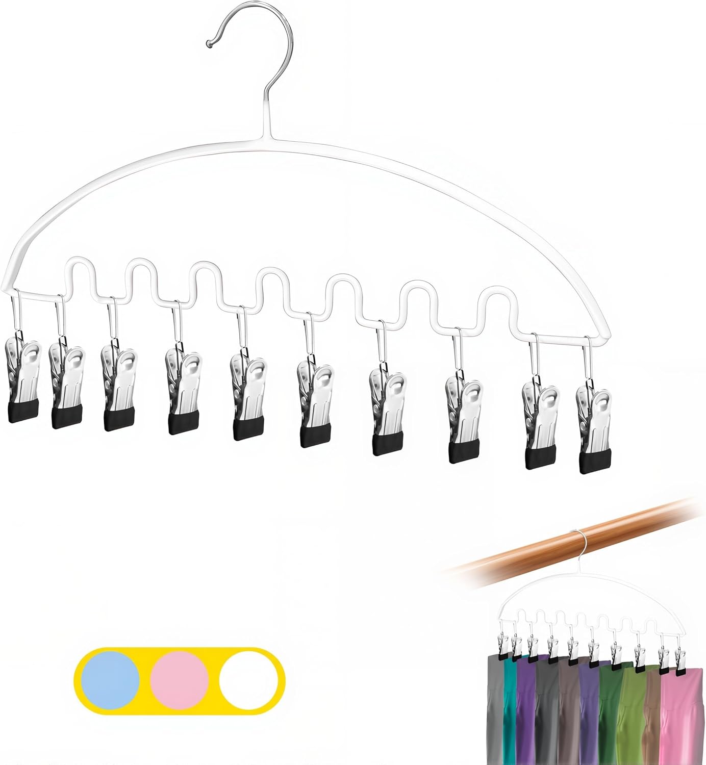 Legging Organizer for Closet,Metal Wave Design Pants Hanger with 10 Clips 7 Hooks, Closet Storage for Pants, Skirts, Hats (White, 4Pack)