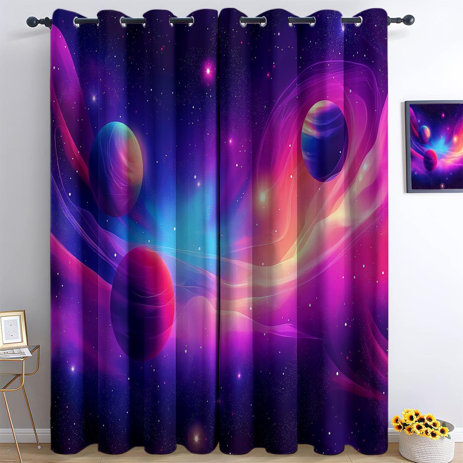 XCQHZYQ Cortinas Opacas Termicas Aislantes Frio Y Calor con Ojales 2 Piezas 75x166 cm, Planeta Universo Cortinas Opacas Niño Dormitorio Cocina Salon para Juvenil Infantil, Púrpura