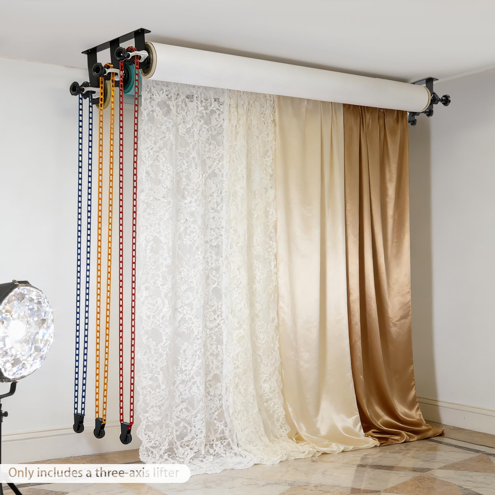 Fotografía 3 rollos soportes de pared,Dispositivo de soporte de fondo manual de 3 rollos,Dispositivo de elevación de fondo de pared con cadenas desmontables