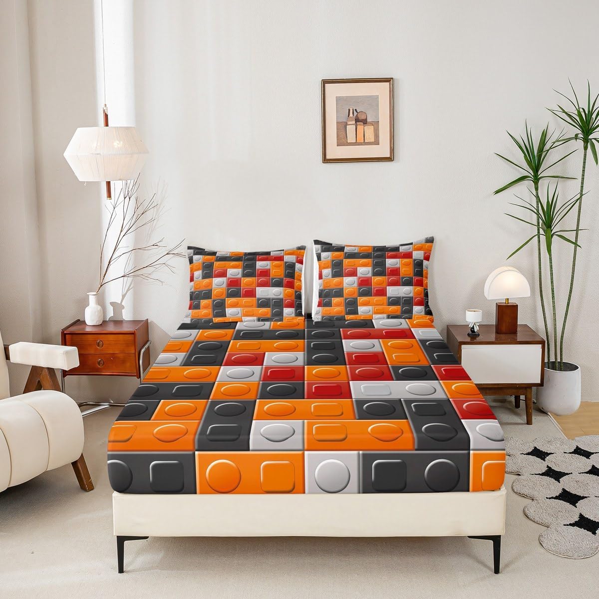 Feelyou Building Blocks Bed Sheet Set Toy Brick Fitted Sheet for Kids Boys Girls Teens Room Decor Toddler Gaming Bedding Set Queen Size Orange Black Grey Bed Cover 3Pcs