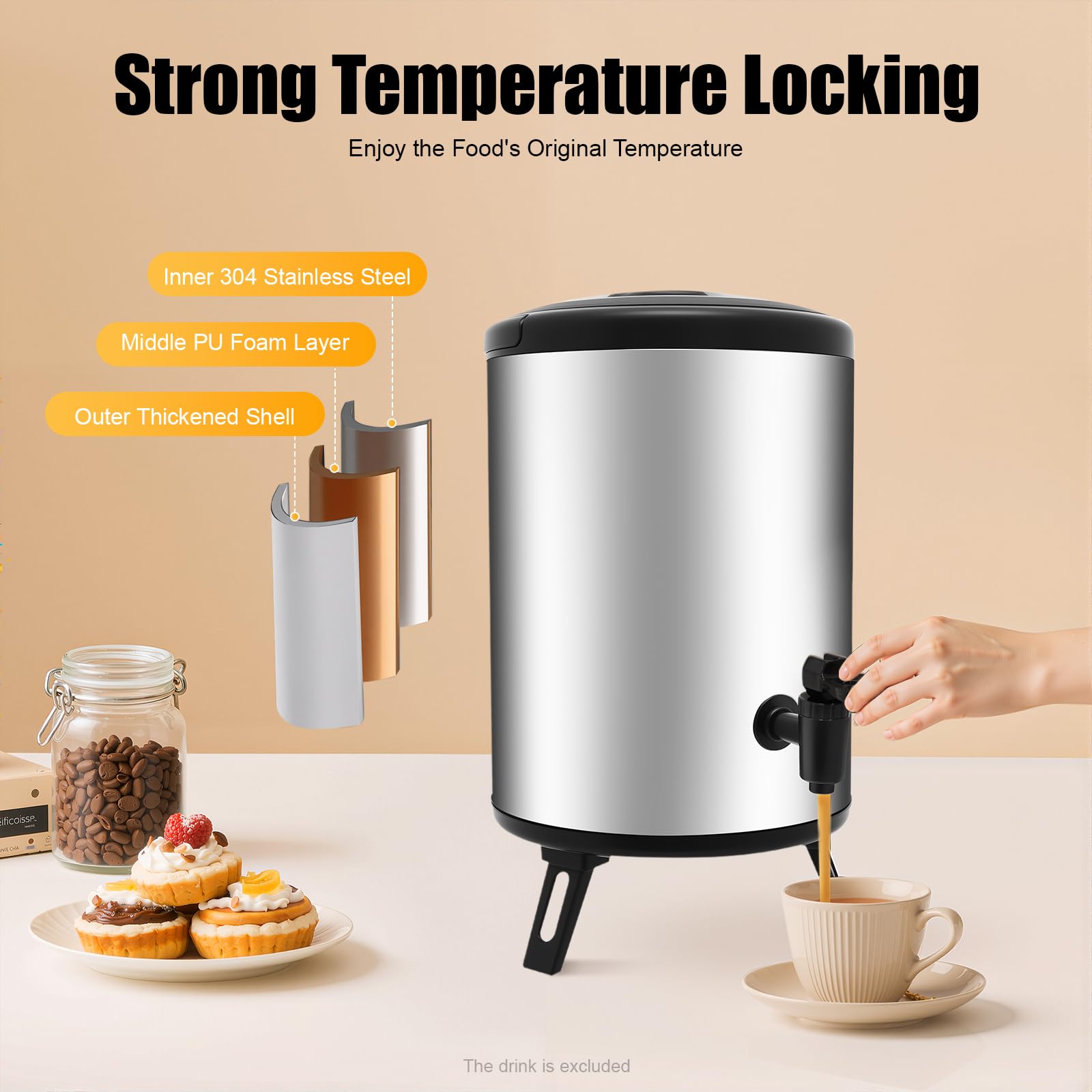 Distributore di bevande calde e fredde con isolamento in schiuma PU, dispenser da tavolo autoportante con supporto pieghevole, capacità interna da 4,5 l, portatile, per caffè, tè, zuppa, commerciali e