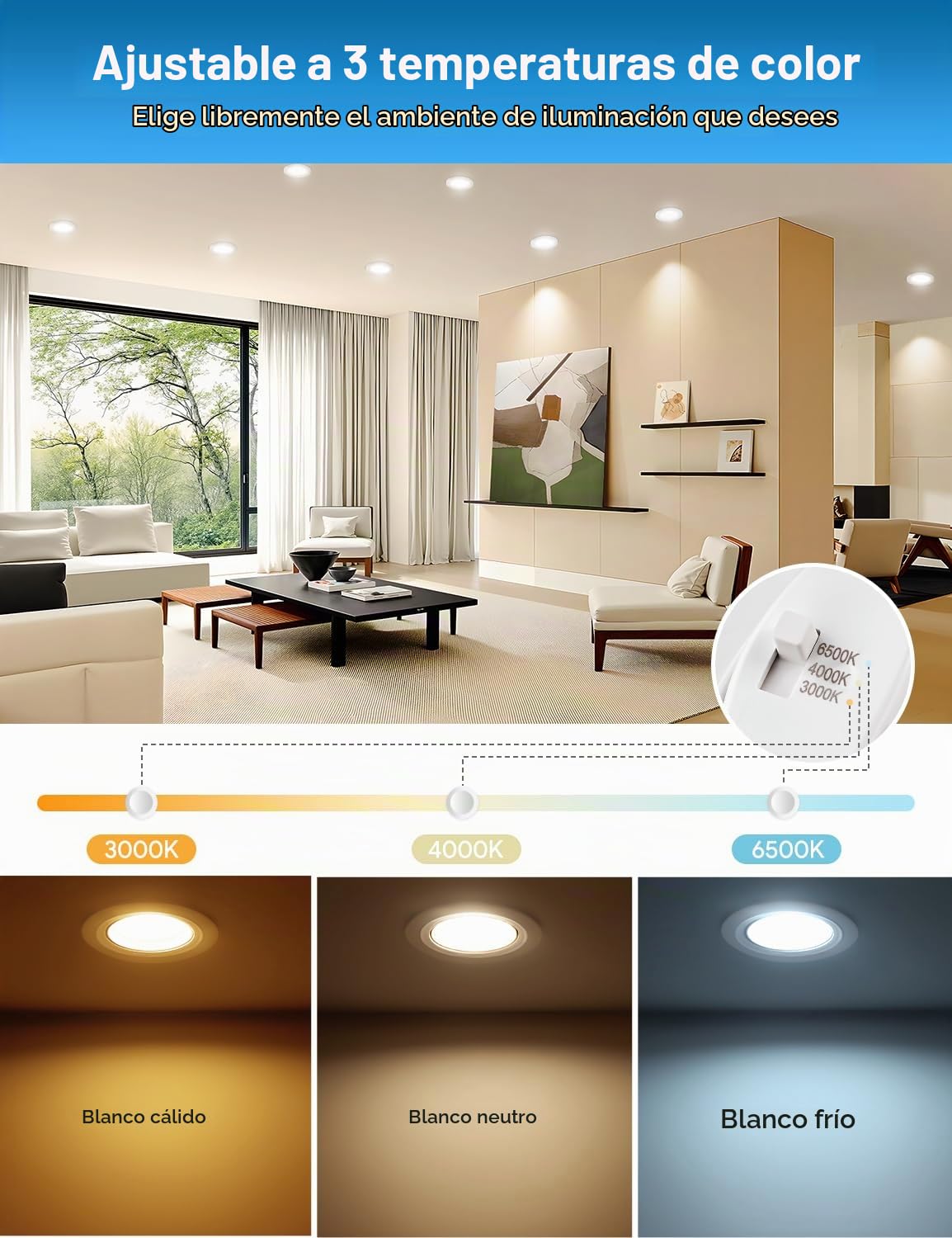 Downlight LED Techo Empotrable Orientable, 7W 650LM Focos Interior Techo Empotrable Blanco Cálido 3000K Blanca Neutro 4000K Blanco Frío 6500K, IP44 Ojos de Buey LED para Baño, Corte Ф85-100mm, 6 Pack | Cálida/Neutra/Fría 3000/4000/6500K, IP44, No Regulabl