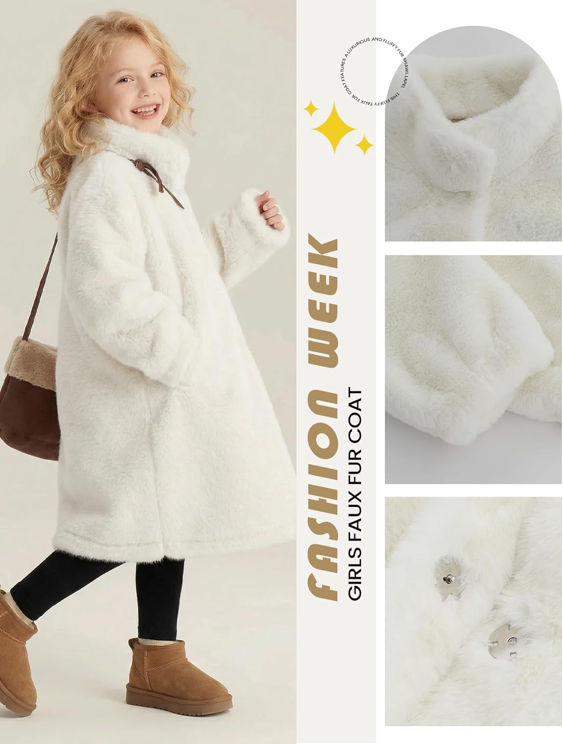 Girls Faux Fur Coat Long Sleeve Winter Fleece Fluffy Jacket Stand Collar Casual Trendy Warm Outerwear with Pockets