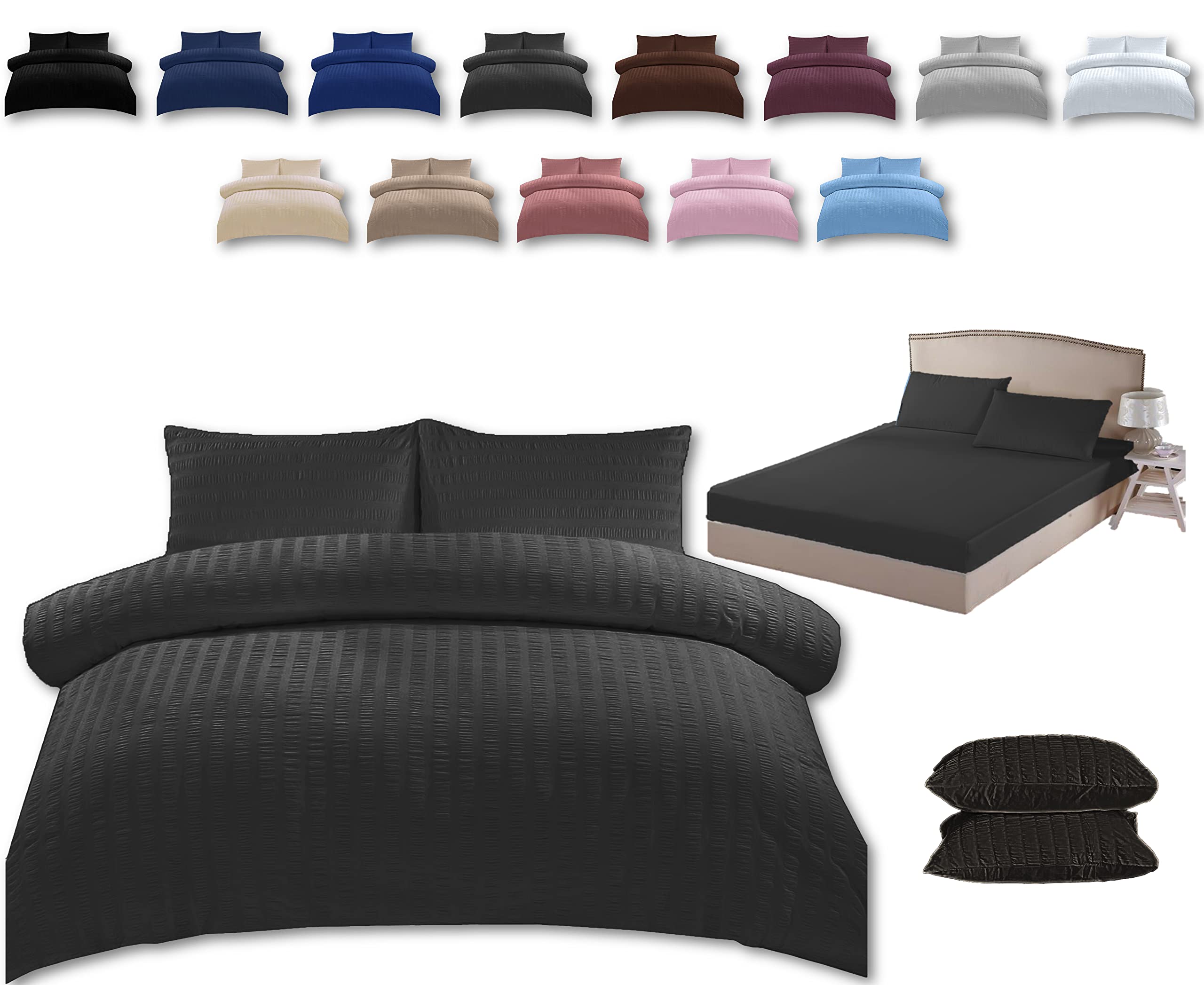 The WhiteWater Seersucker Bedding Set - Duvet Cover + Matching Pillowcase + Fitted Sheet - Polycotton (Charcoal, Double)