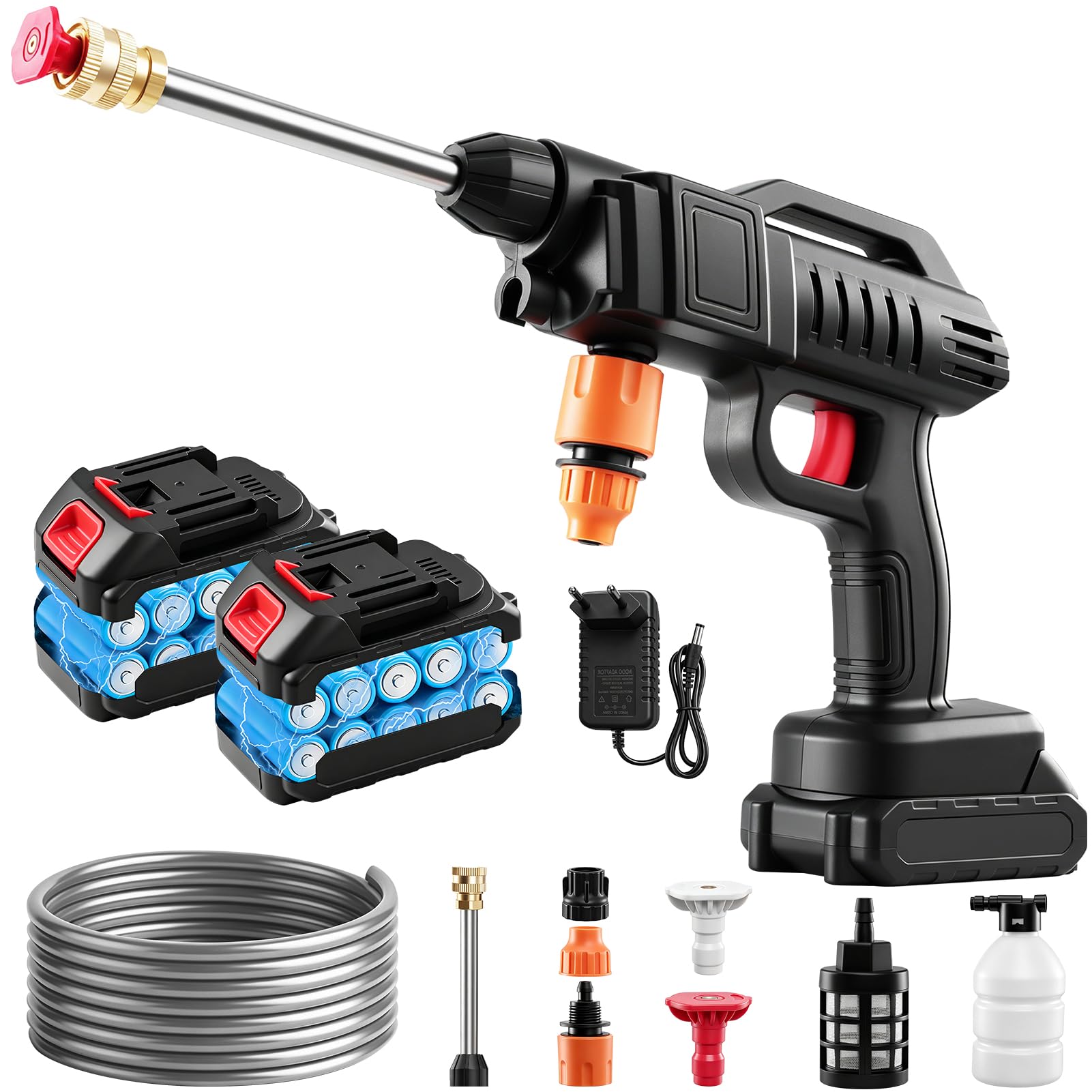 Limpia a Presión Inalámbrica Batería 21V 60 Bar 3000W, Hidrolimpiadora de Batería Portátil con 2 Baterías 2.0Ah y Manguera 5M, Pistola de Agua a Presión para Coche Jardín Mascotas Terraza