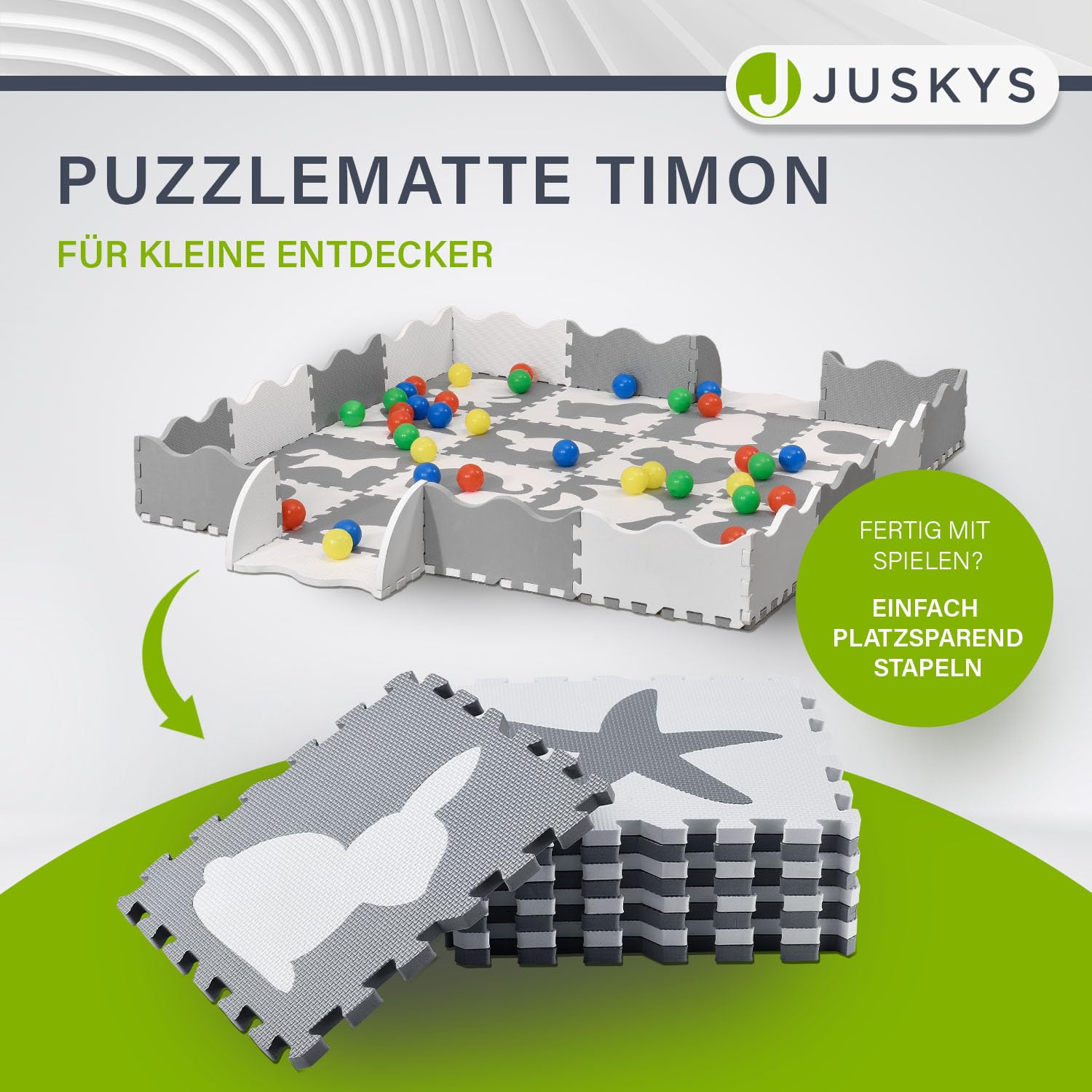 Juskys Kinder Puzzlematte Timon 36 Teile mit 16 Tieren in grau weiß - rutschfest & abwischbar Puzzle ab 10 Monate - Eva Schaumstoff - Spielmatte