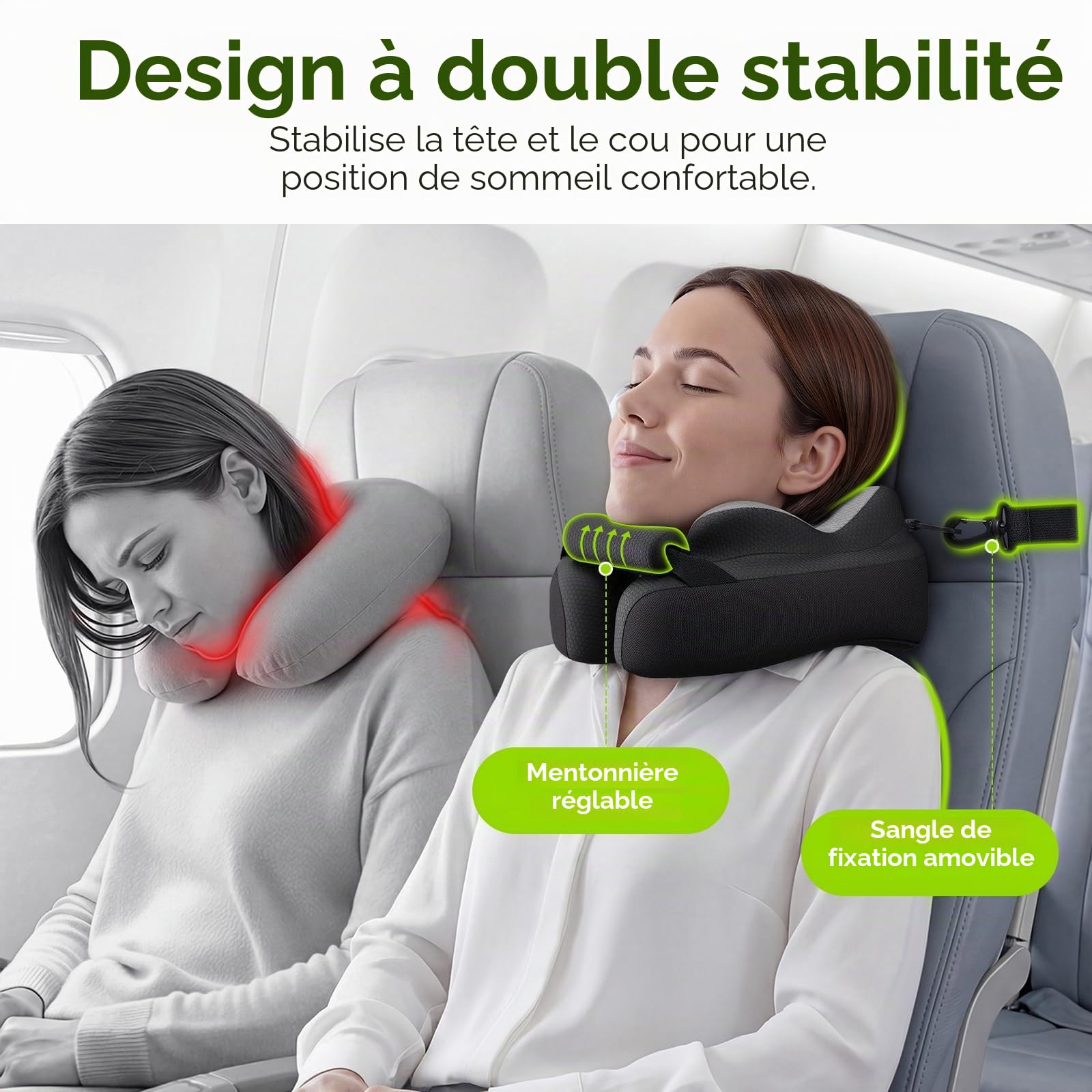AUVON Coussin de Voyage avec Support Menton pour Confort de Sommeil Optimal | Soutien 360° nuque détente, oreiller voyage mousse mémoire sans pression oreilles, sac de transport, housse aérée et lavable