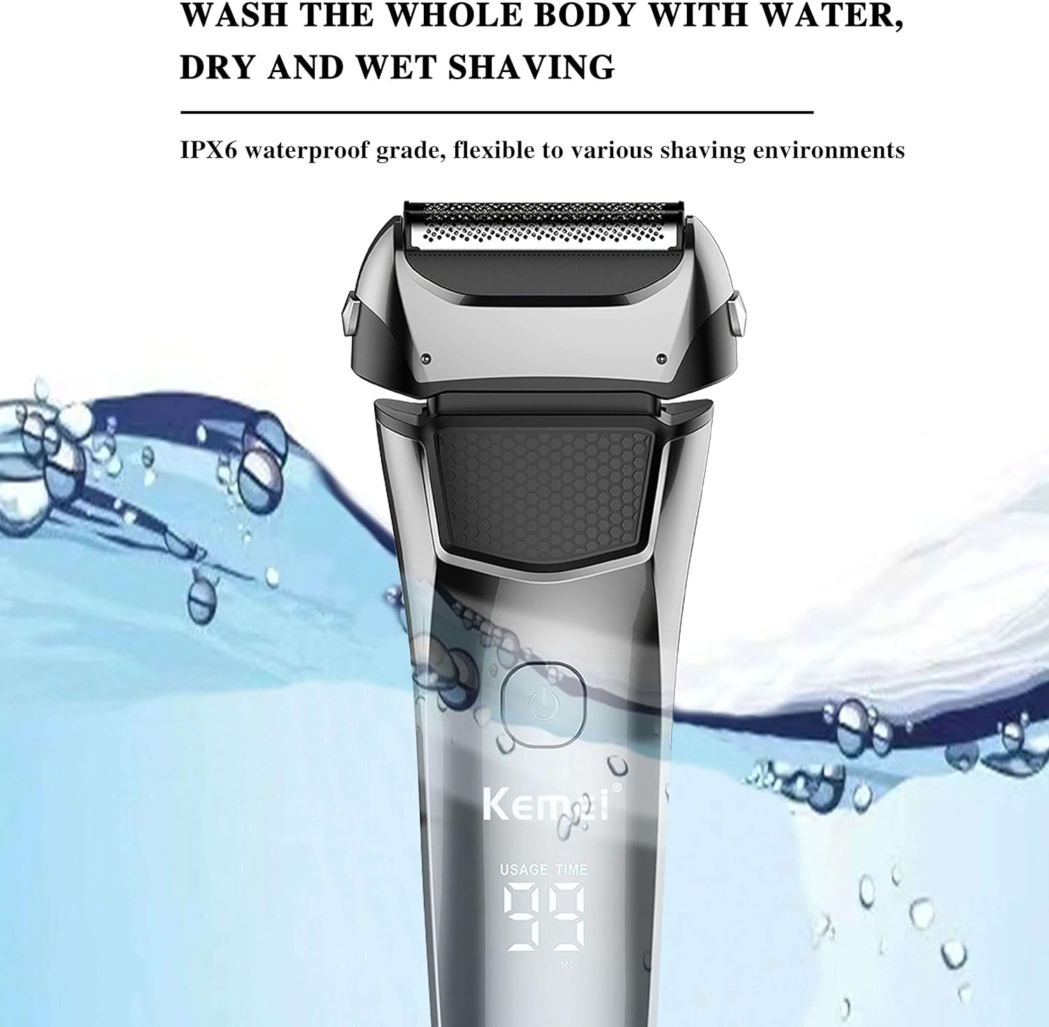 KEMEI shaver under running water, demonstrating its waterproof capability