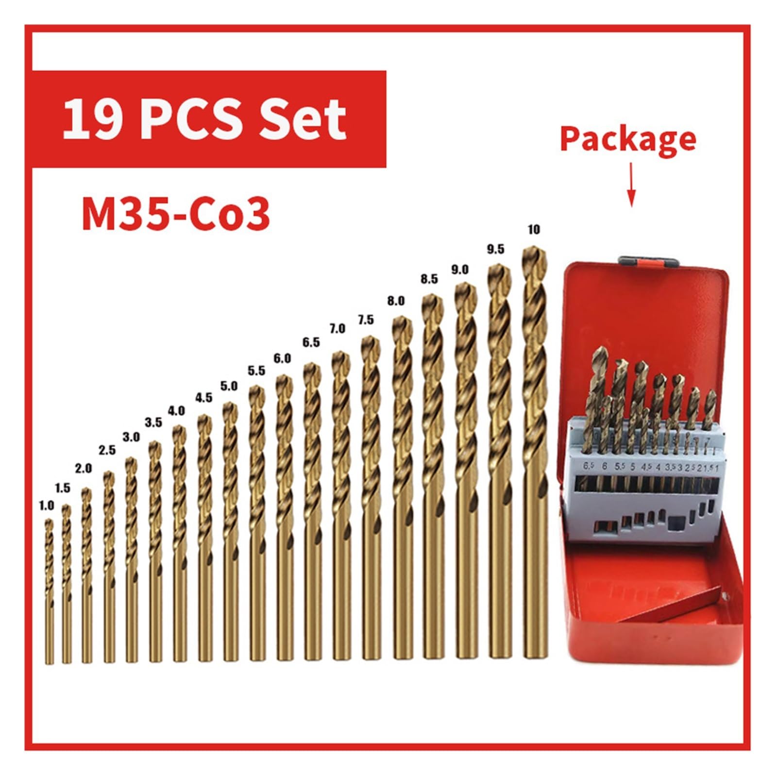 Punta elicoidale in acciaio rapido al cobalto M35 Set di utensili in acciaio inossidabile Accessori for trapani for la foratura di metalli in acciaio inossidabile(1.0-10mm(19pcs))