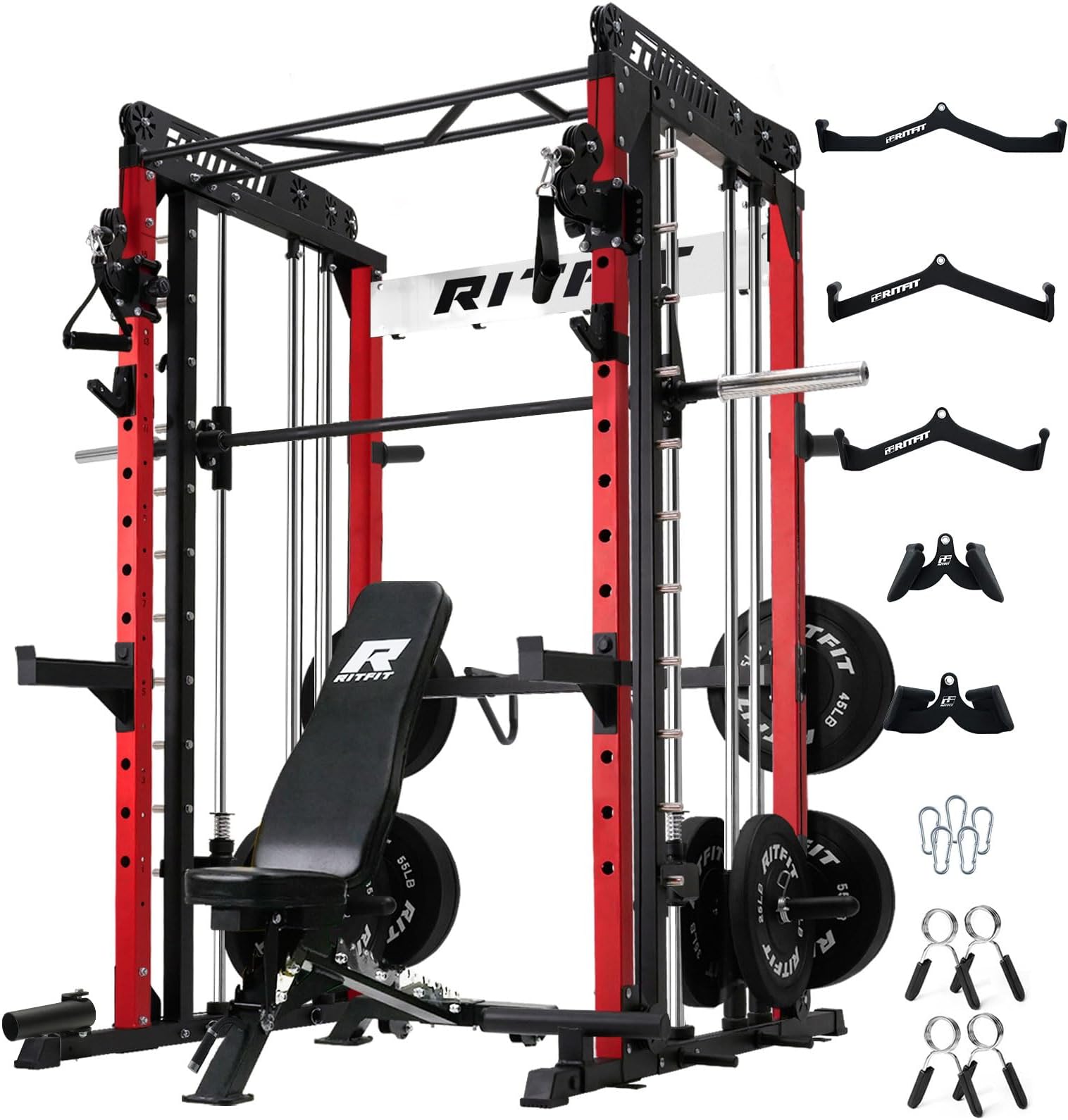 RitFit M1 Pro Smith Machine Package, All-in-One Power Cage with Weight Stack Set, Includes LAT Pulldown & Cable Crossover System for Home Gyme (Red, Package(BP370))