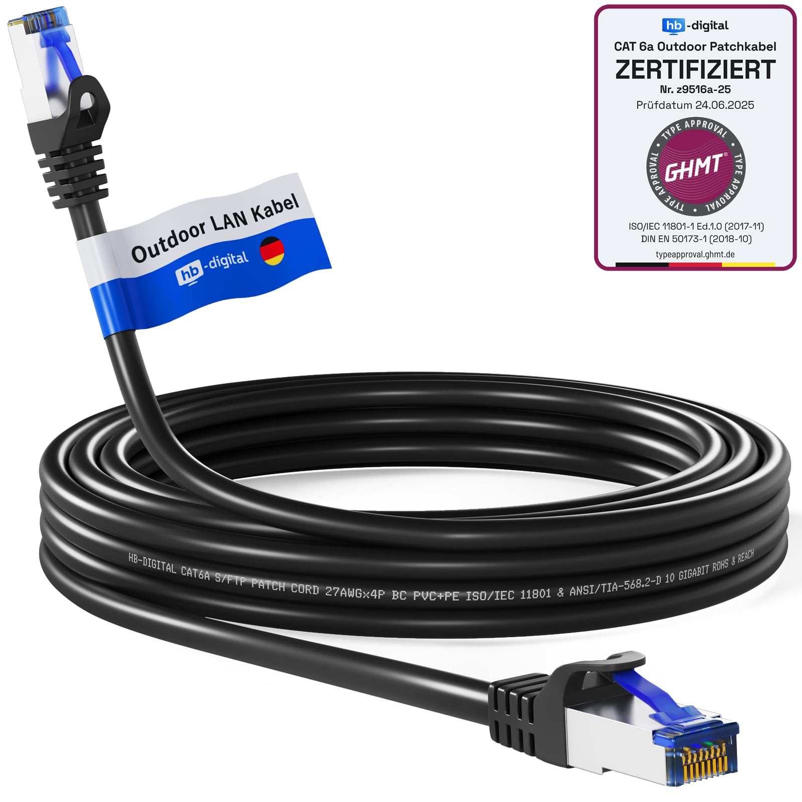 HB-DIGITAL 5m CAT 6a Outdoor LAN Kabel Netzwerkkabel Patchkabel IP66 - GHMT Zertifiziert - RJ45 Ethernet S/FTP PiMF 10 Gbit/s AWG 27/7 für Außen- & Innenbereich wasserdicht - Schwarz