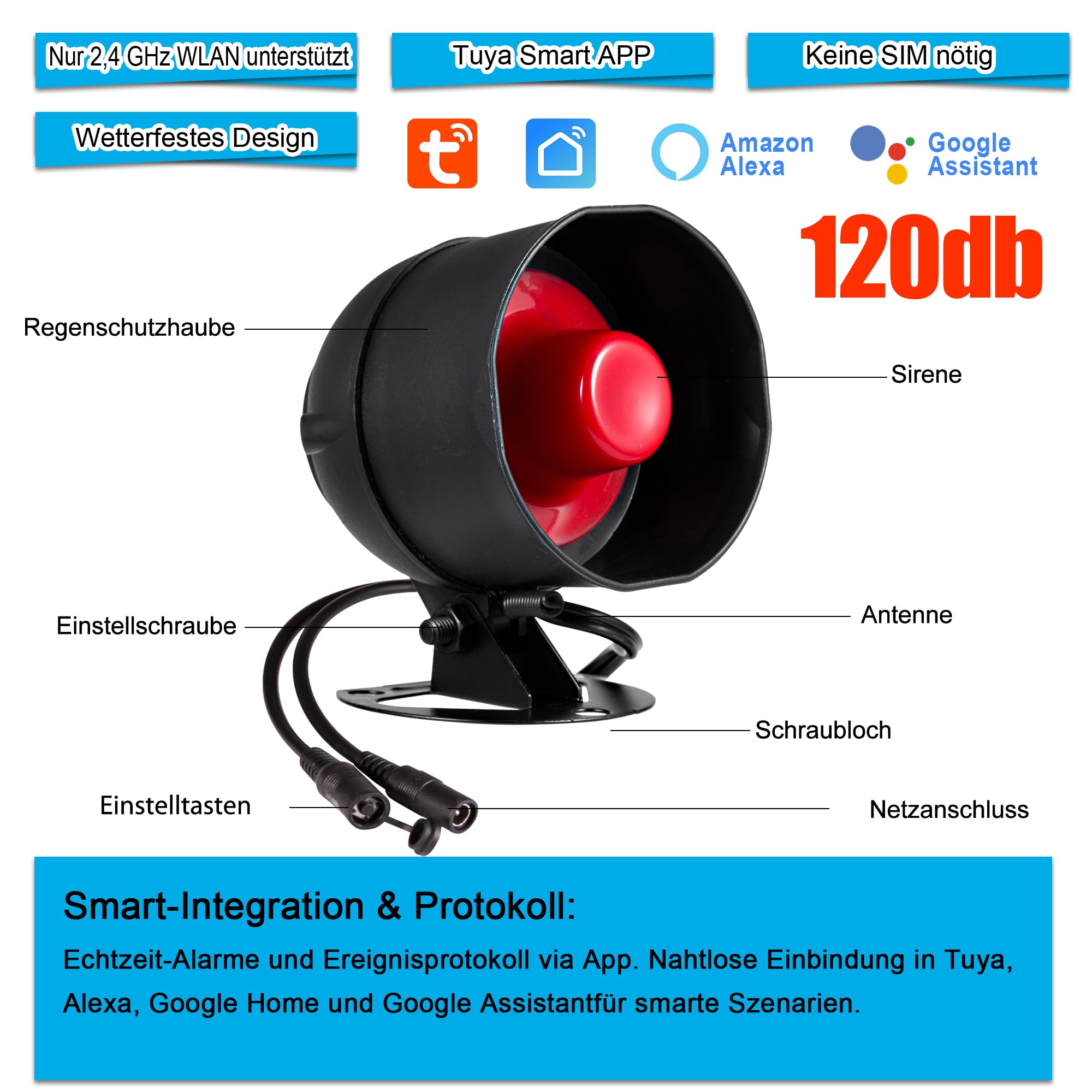 WiFi Alarmanlage, 120 dB Funkalarmsystem für die Haussicherheit mit kostenloser 5*Bewegungsmelder-Sirene und Fernbedienung für Schuppen und Garage