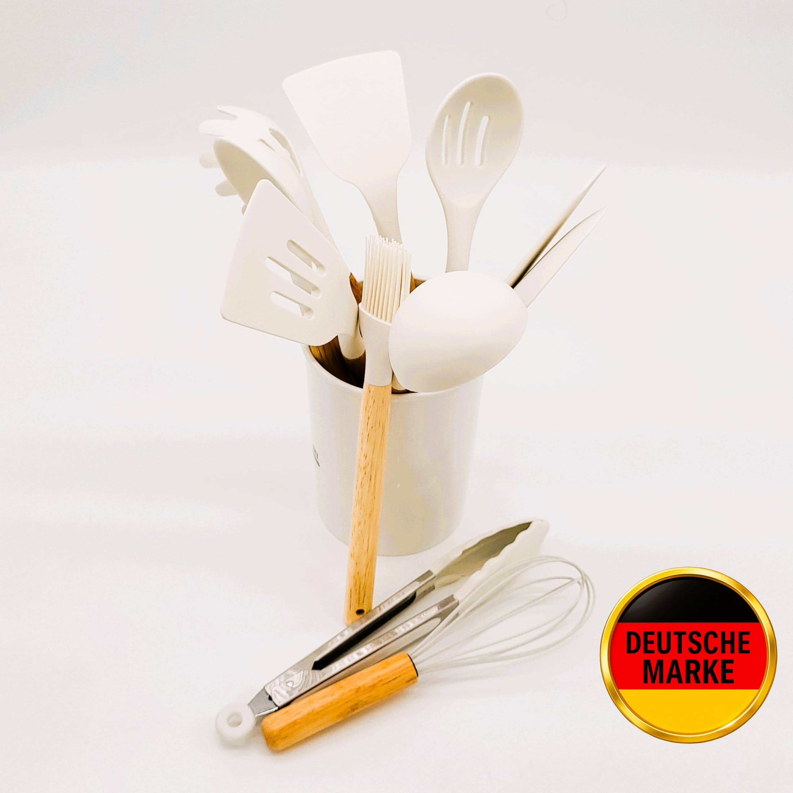 BWG Juego de utensilios de cocina y recipiente, juego de utensilios de cocina, juego de utensilios de cocina de silicona de alta calidad, asas de diseño elegante, resistente al calor (madera, blanco)