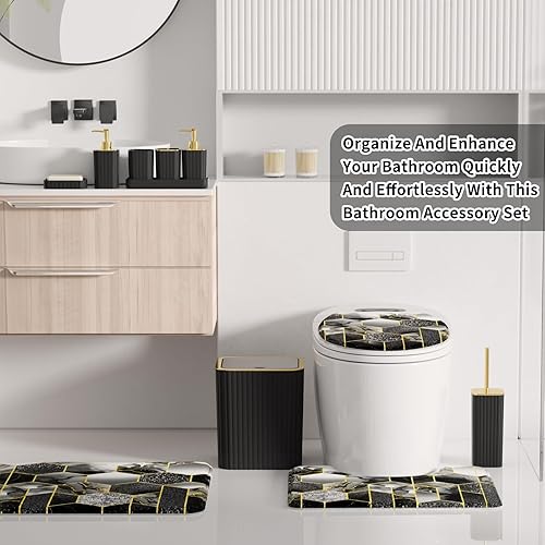 Miniatura 5 de Juego de baño  Juego de baño de 26 piezas con cortina de ducha y alfombras, juego de accesorios de baño, juego de accesorios de baño negro, bote de