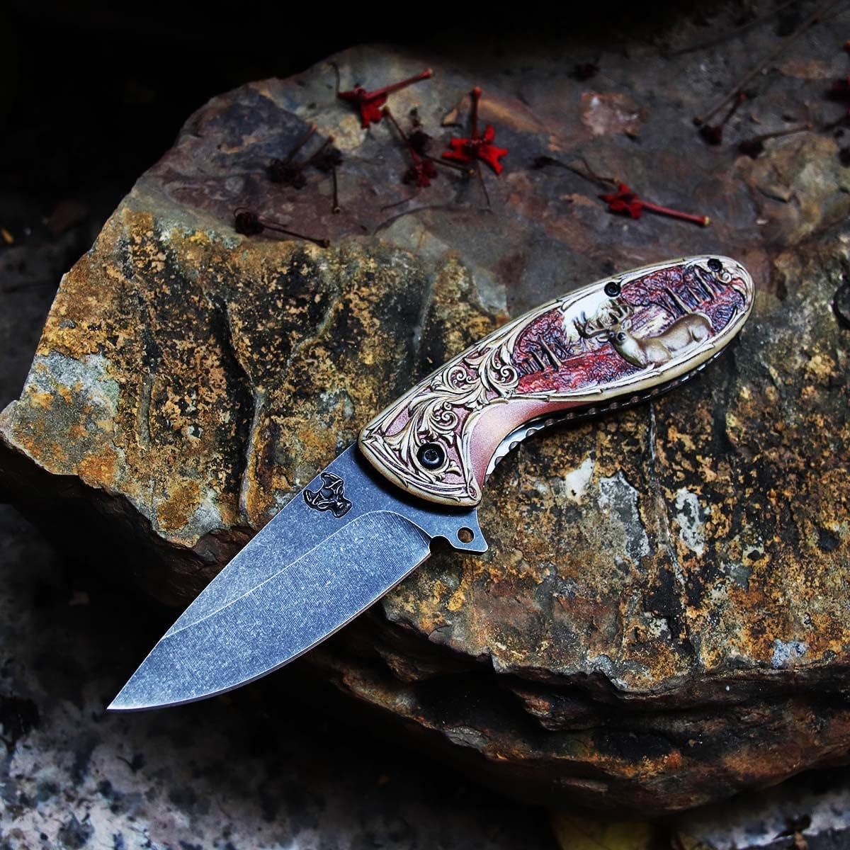 Generic Outdoor Survival Folding Blade Knife - Fruit Utility Assisted Knife - 3.5" Stainless Steel Blade - Deer Antler Handle - Perfect for Hunting, Camping, Hiking