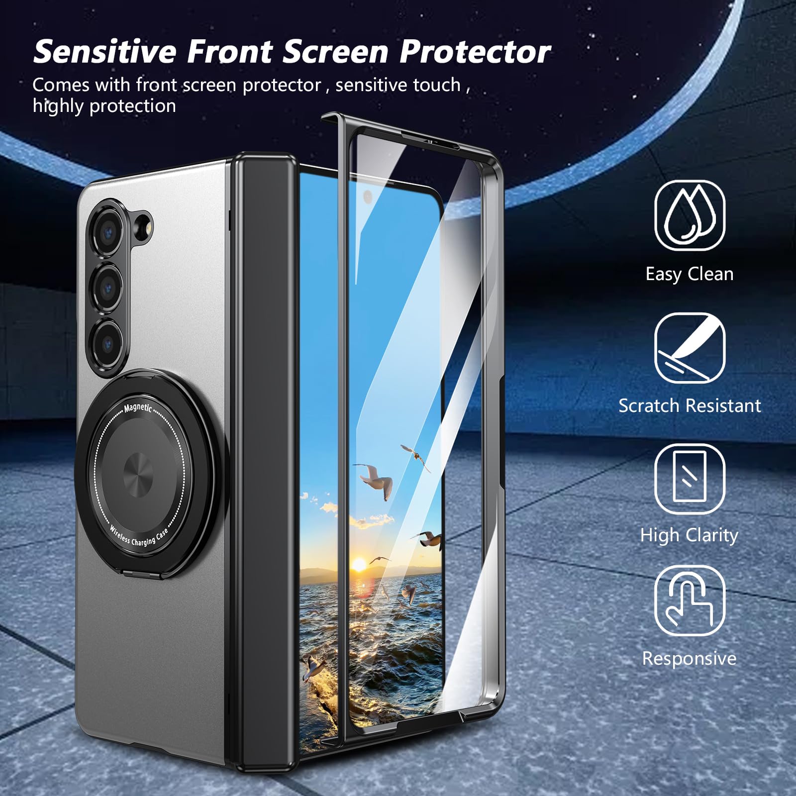 Custodia per Samsung Galaxy Z Fold 5 con protezione per cerniera e pellicola proteggi schermo e cavalletto ad anello in metallo, resistente, di grado militare, resistente alle cadute, per