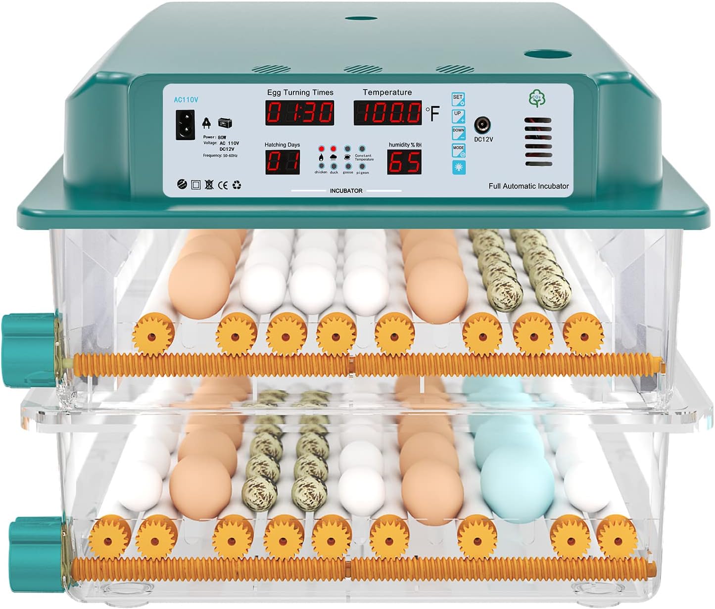 Egg Incubators for Hatching Eggs Automatic Temperature Control Chicken Quail Eggs Incubator Humidity Monitoring 120 Eggs Farm Duck Egg Incubator