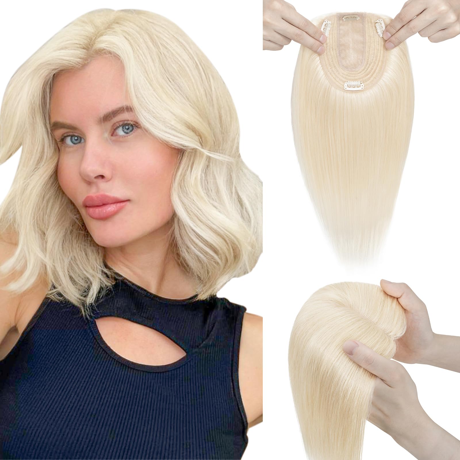 Elailite Human Hair Toppers For Women uk Thinning Hair Real Hair - Clip in Toupee Extensions MIDDLE SILK BASE (2.5 * 9cm) Crown HairPiece (#60 Platinum Blonde, 6 Inch)